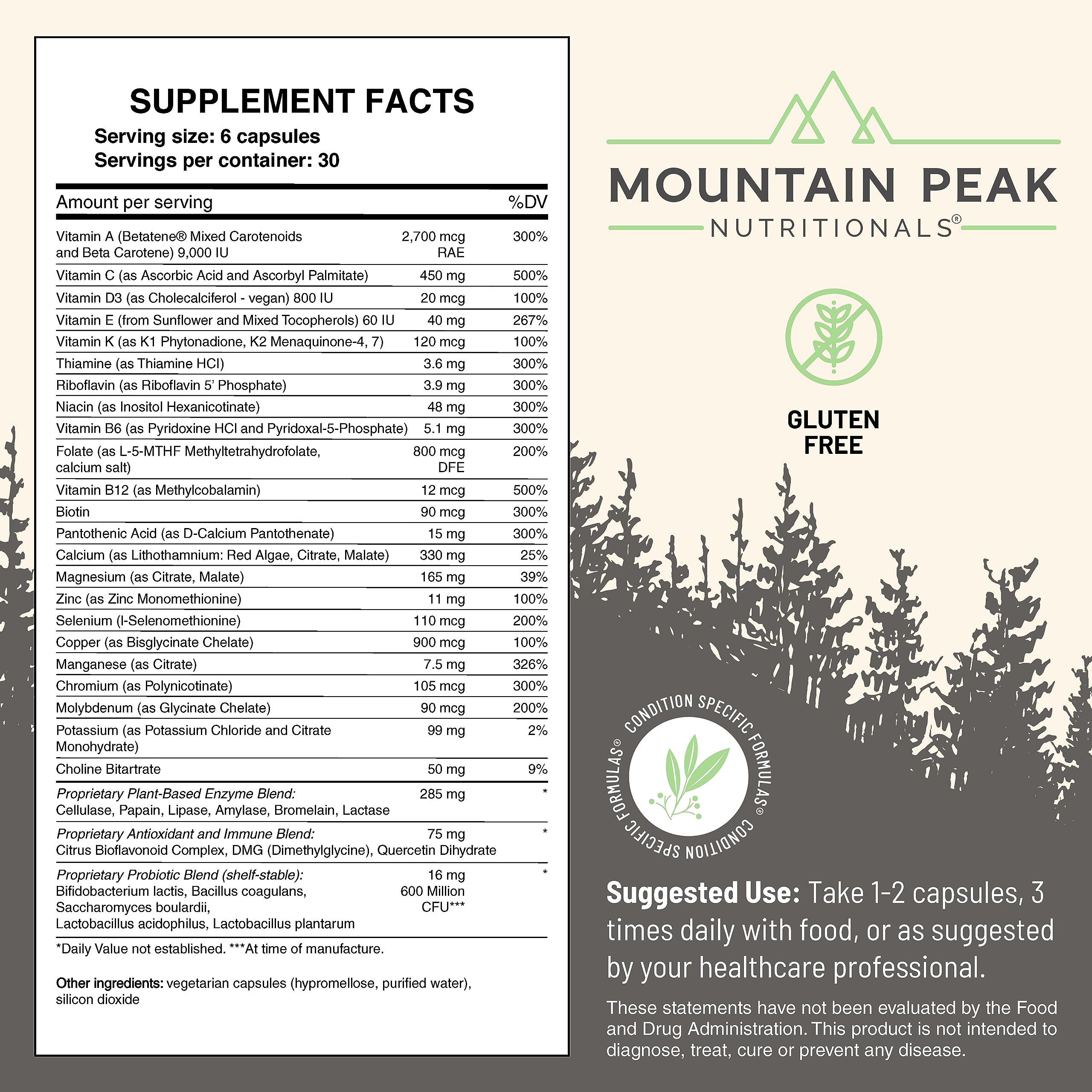 Mountain Peak Nutritionals Ultra High Multivitamin for Men & Women - with Vitamins A, B12, B6, C, D, E, Magnesium, Zinc, Folic Acid, Digestive Enzymes & Probiotics (180 Vegetarian Capsules) Mountain Peak Nutritionals Au supplements