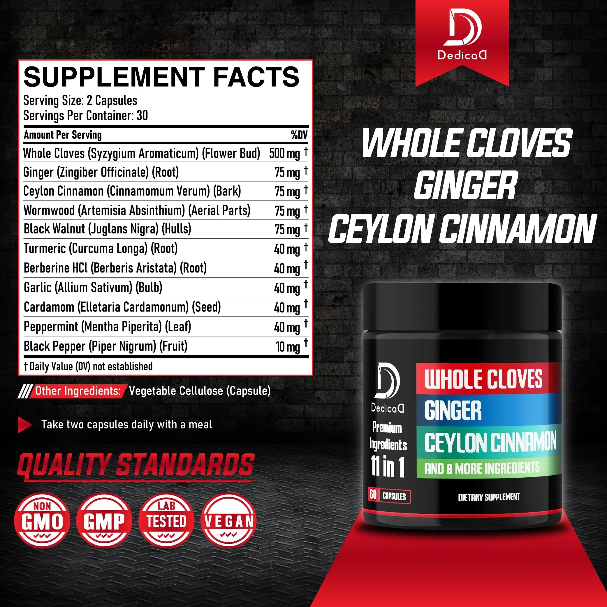 DEDICAD 11in1 Cloves Supplement with Ginger, Ceylon Cinnamon and 8 Other More - Digestive, Immune System, Mood Support - 60 Capsules - 30 Days Supply DEDICAD Au supplements