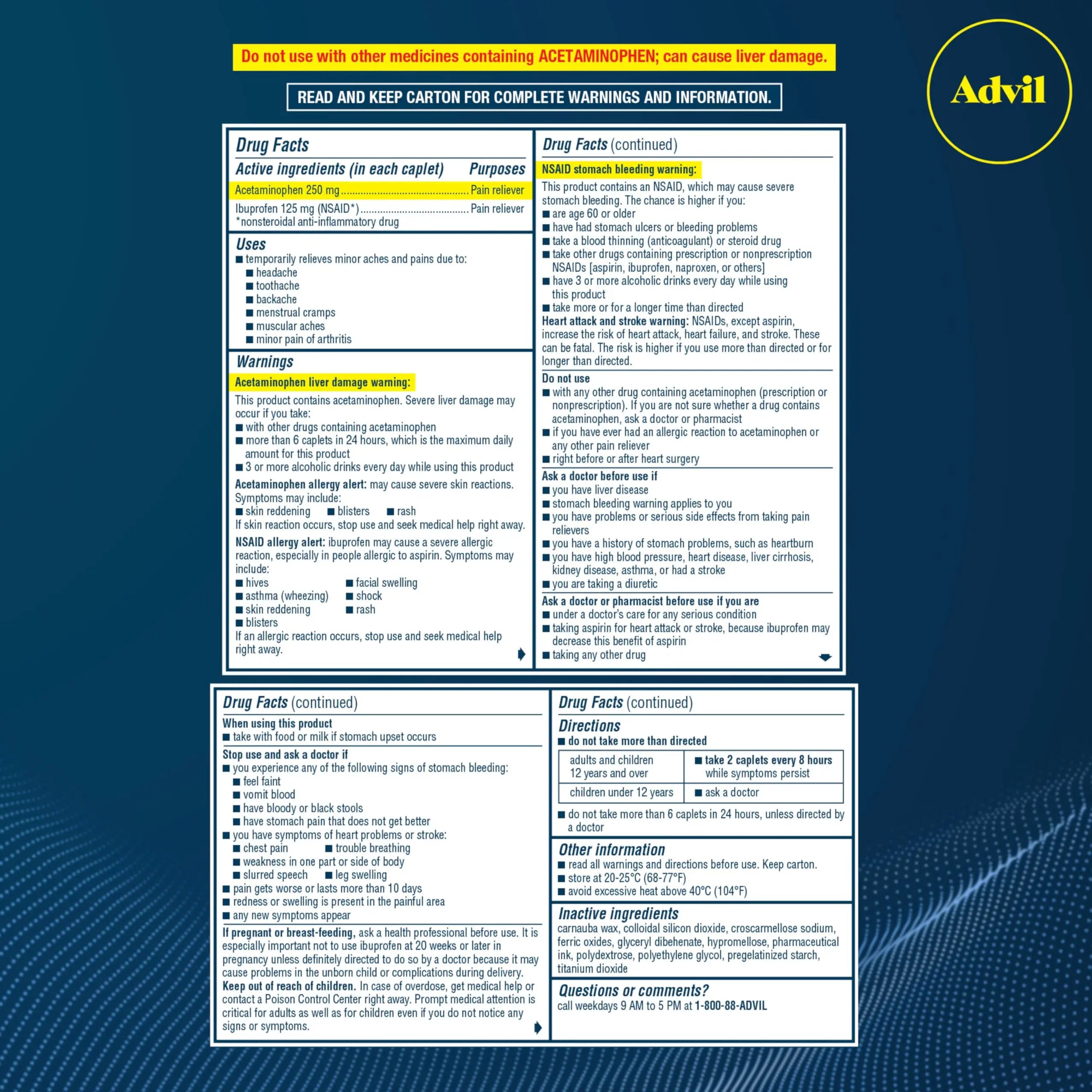 Advil Dual Action Coated Caplets with Acetaminophen, 250 Mg Ibuprofen and 500 Mg Acetaminophen Per Dose (2 Dose Equivalent) for 8 Hour Pain Relief - 72 Count Advil Au supplements