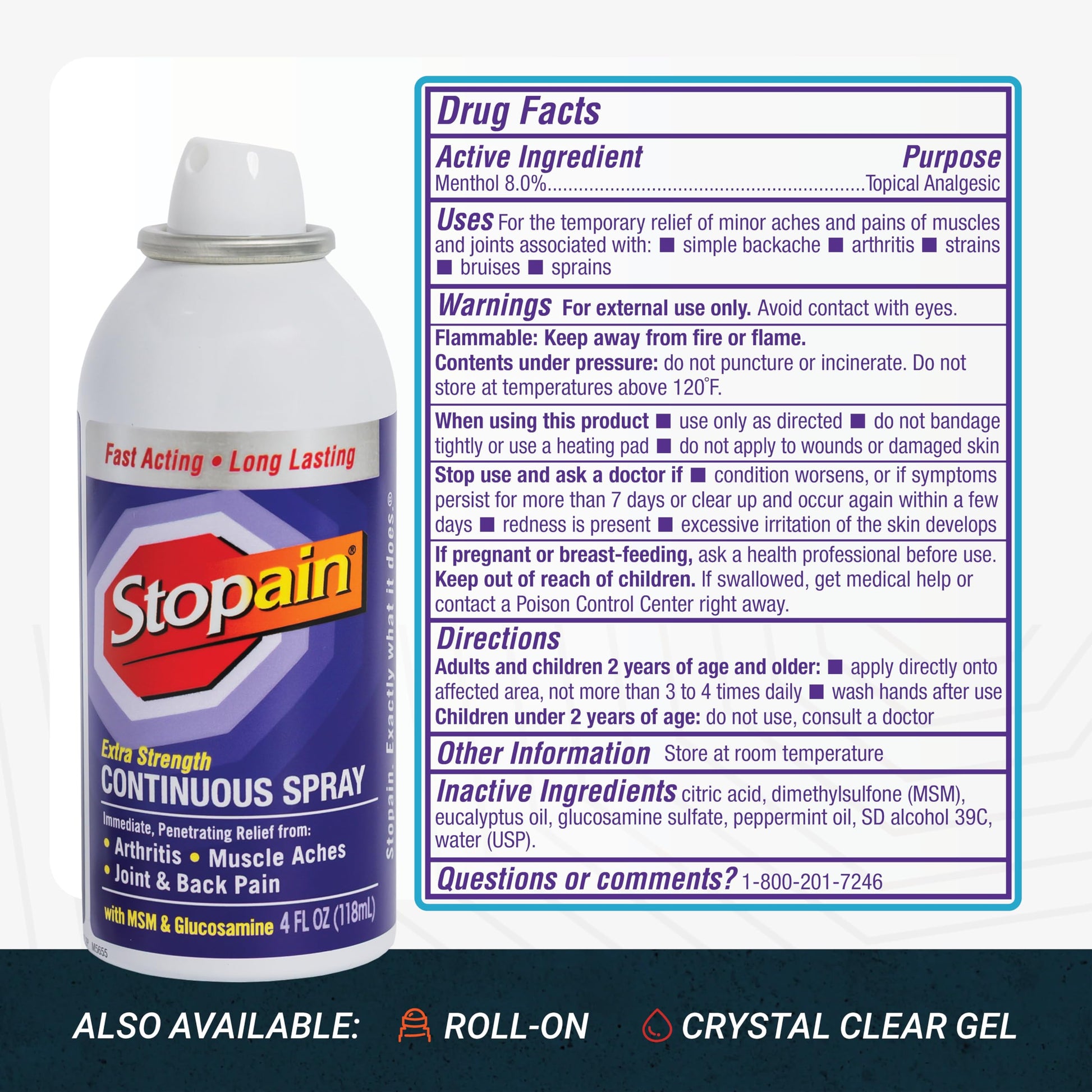 Stopain Pain Relief Spray 4oz (2 Pack) USA Made, Max Strength Fast Acting with MSM, Glucosamine, Menthol for Arthritis, Lower Back, Neck, HSA FSA Approved Topical Analgesic Products Stopain Au supplements