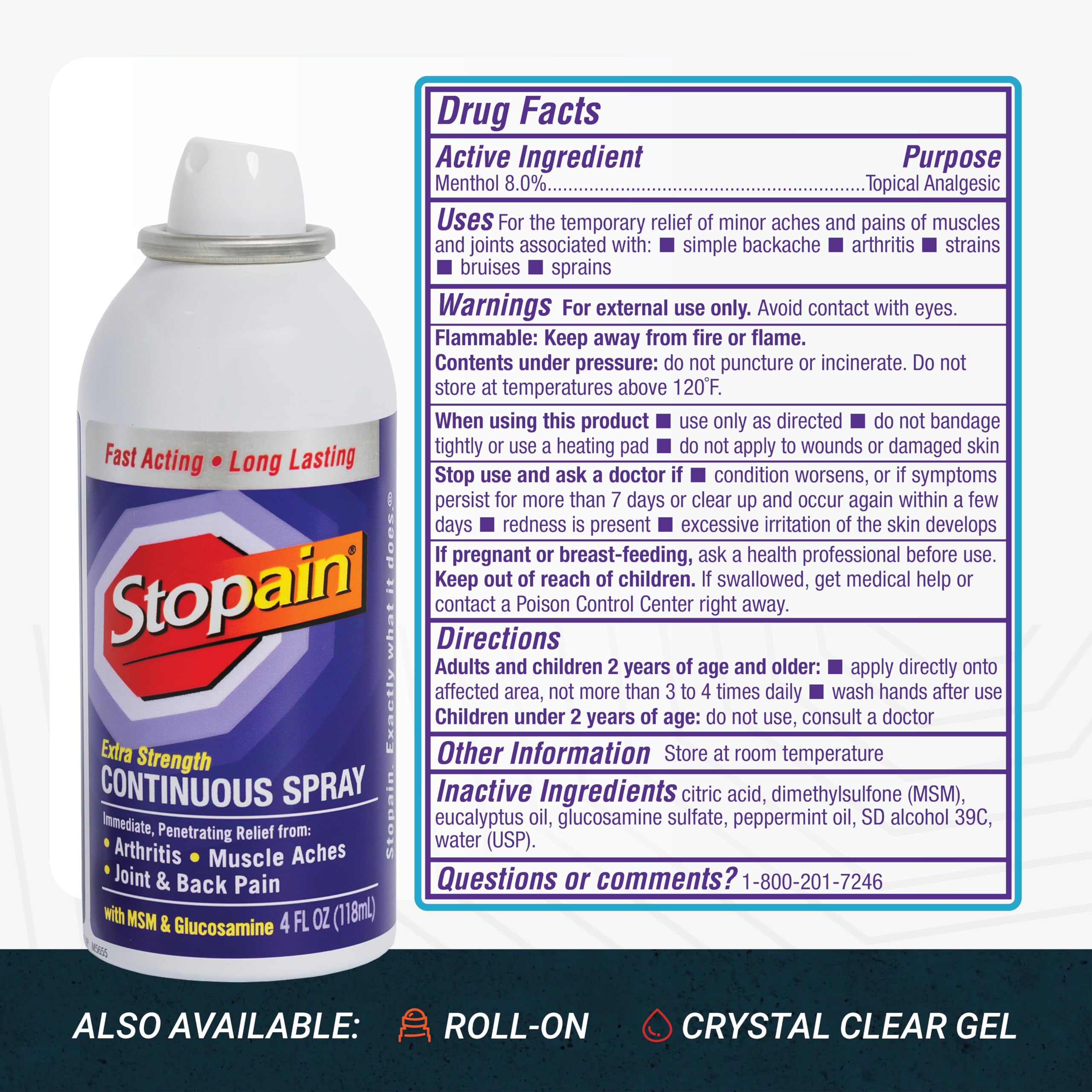 Stopain Pain Relief Spray 4oz (2 Pack) USA Made, Max Strength Fast Acting with MSM, Glucosamine, Menthol for Arthritis, Lower Back, Neck, HSA FSA Approved Topical Analgesic Products Stopain Au supplements