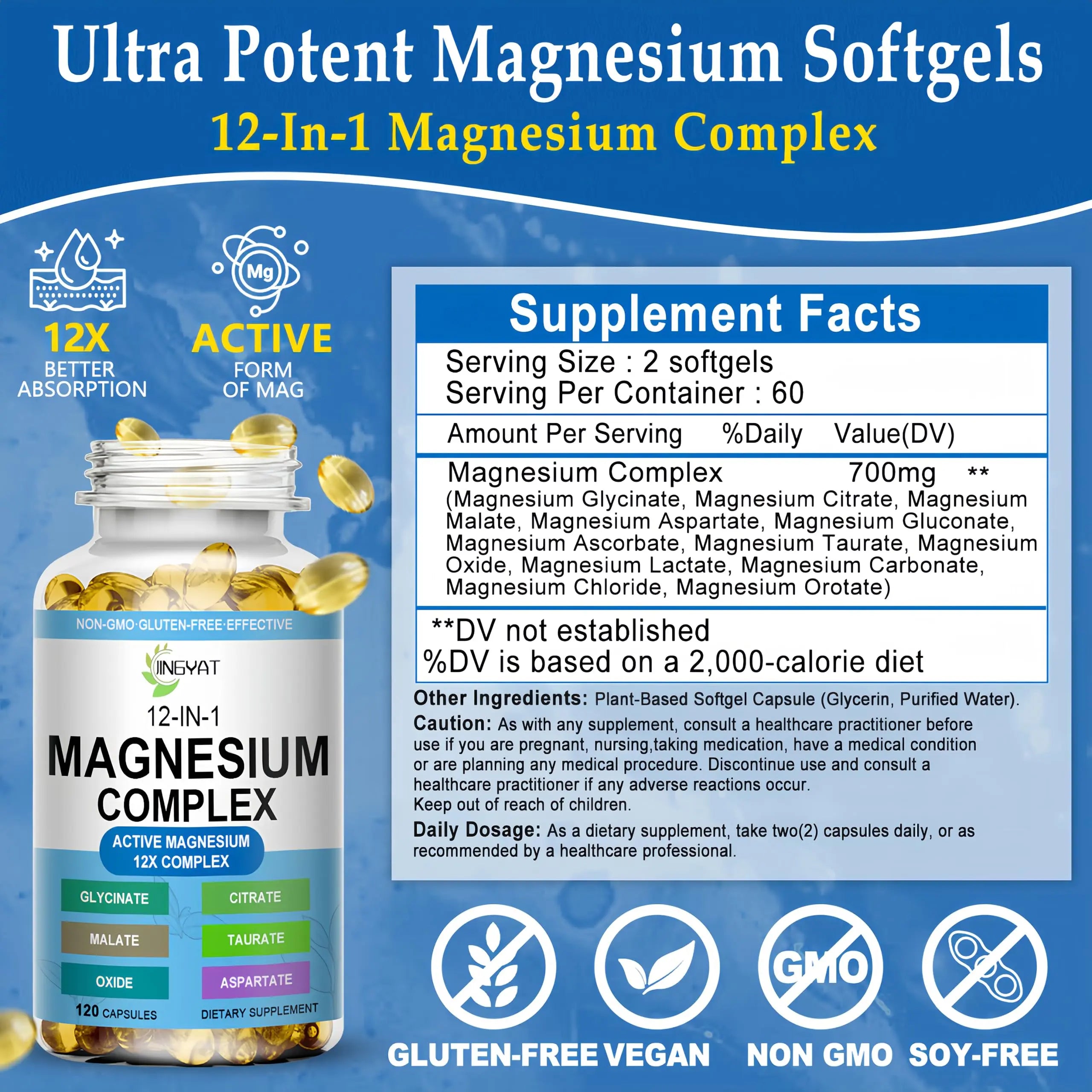 Magnesium Complex Softgels - 12-in-1 Magnesium Supplement with Glycinate,Citrate,Malate,Oxide,Taurate - High Absorption Magnesium Complex for Women & Men for Muscle, Heart, Sleep, Bone, Nerve Support JINGYAT Au supplements