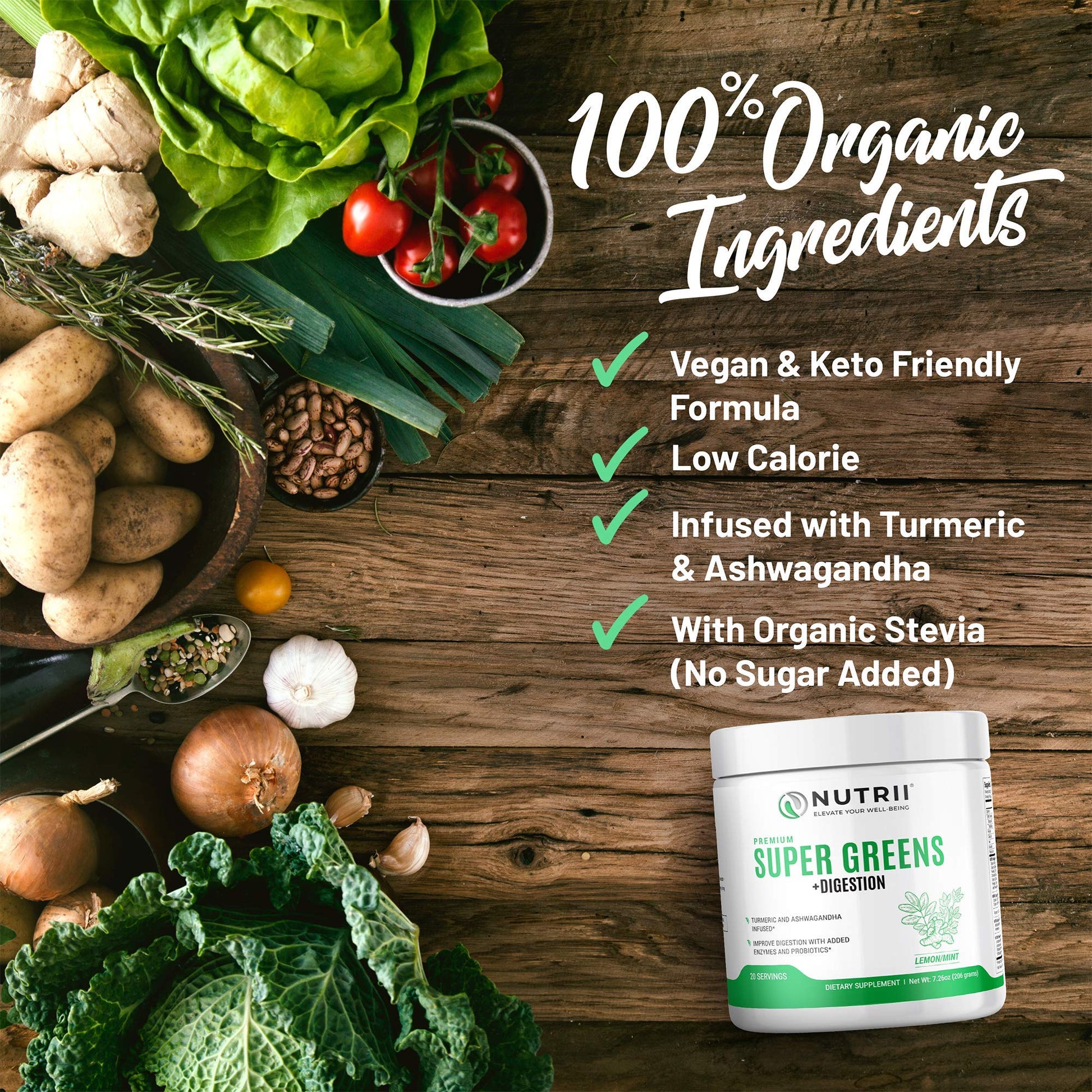 Nutrii Organic Green Immunity Superfood Powder - Soothes Digestion, Boosts Healthy Vitality and Energy. Fast Acting Formula with Probiotics, Enzymes, Turmeric and Ashwagandha (30 Servings Lemon-Mint) Nutrii Au supplements