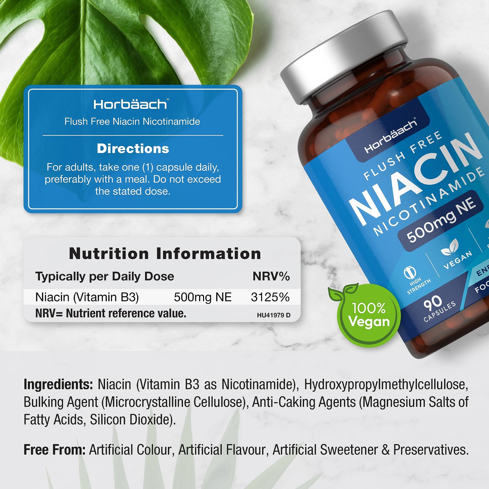 Vitamin B3 Niacin 500mg | 90 Vegan Capsules | Flush Free Nicotinamide Supplement Horbäach Au supplements