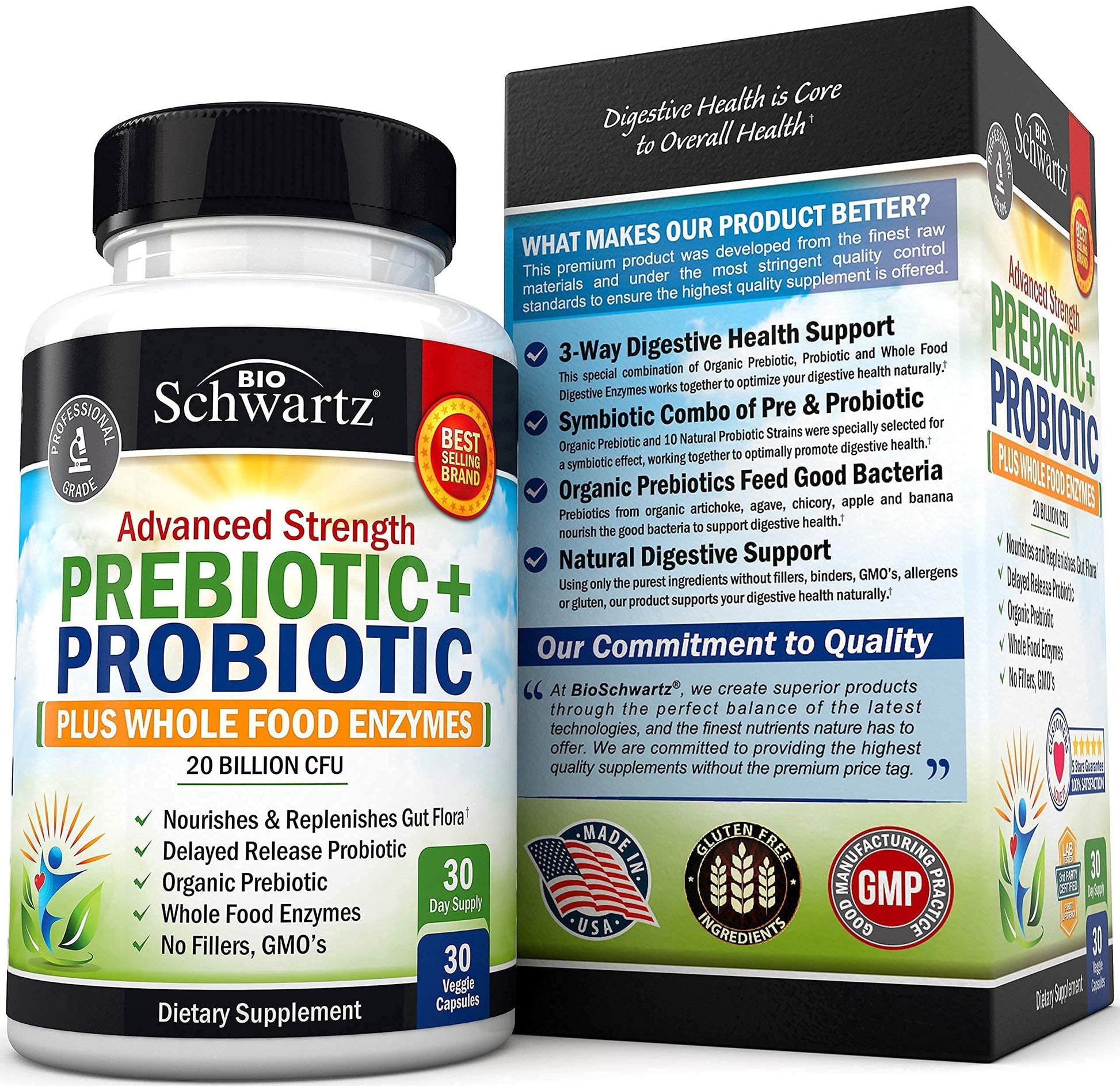 Probiotic & Prebiotic Digestive Health Capsules - 30ct, Gluten & Dairy Free, Non-GMO BioSchwartz Au supplements