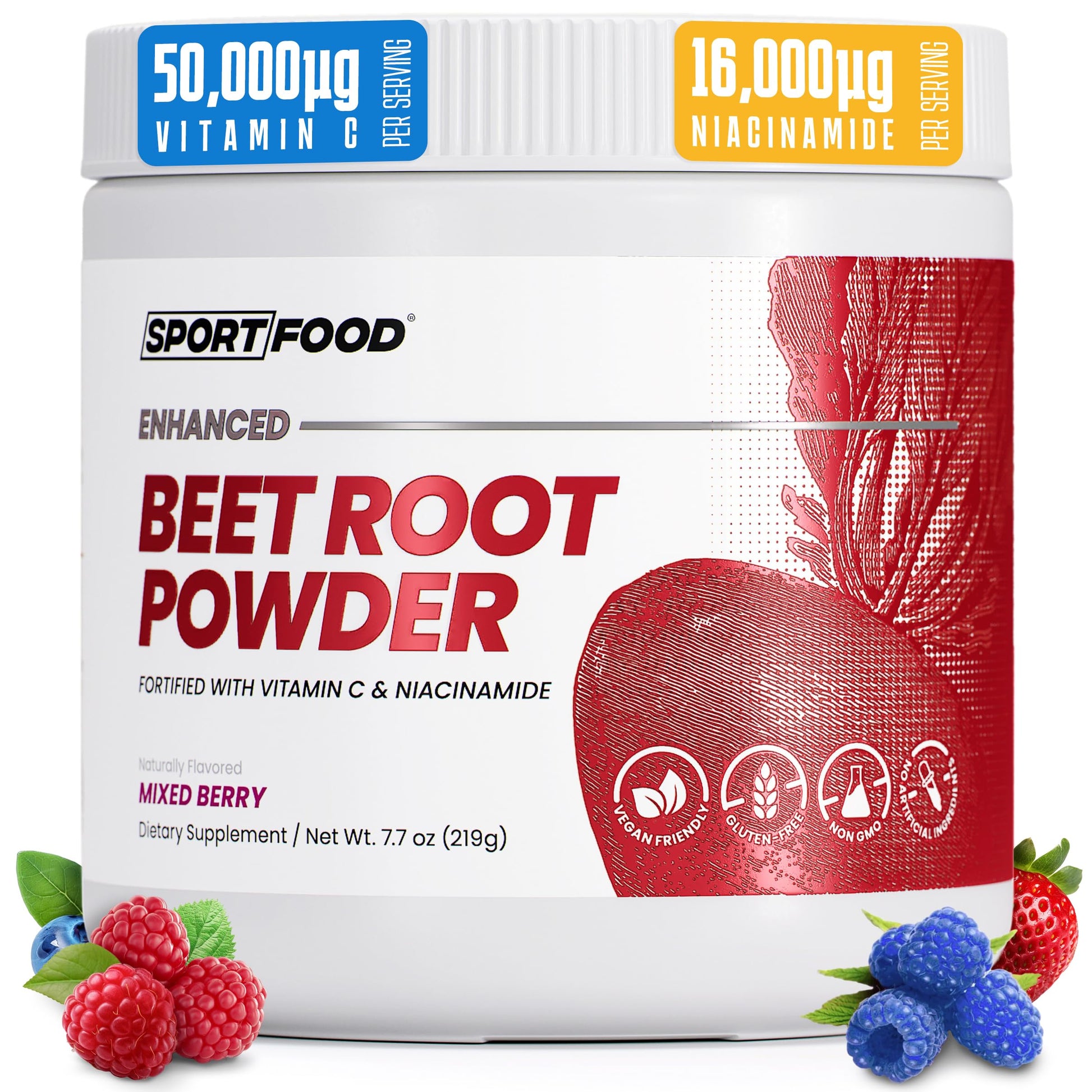 SPORTFOOD Beet Root Powder with Niacinamide & Vitamin C - Superfood for Circulation, Energy, & Stamina | Vegan, Non-GMO, Nitric Oxide Boost for Pre-Workout & Heart Health | Mixed Berry Flavor | 7.7oz Sport Food Au supplements