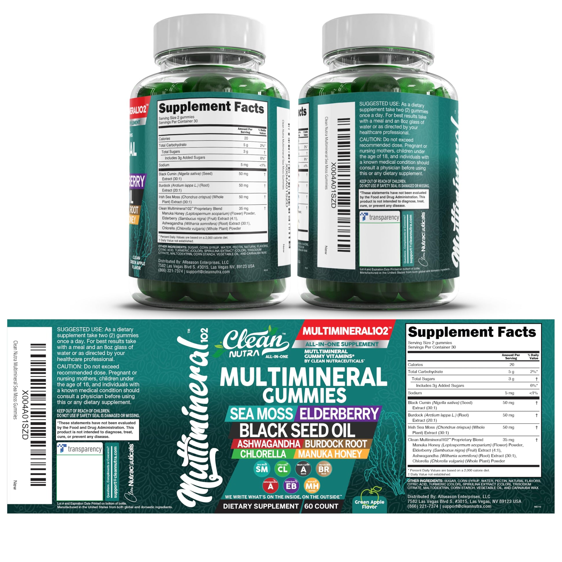 Sea Moss Gummies | Clinically Tested - Black Seed Oil Ashwagandha Elderberry Burdock Root Chlorella Manuka Honey - Vegan Irish Sea Moss Gummy Vitamins for Adults Kids Men Women - Green Apple Flavor Clean Nutraceuticals Au supplements