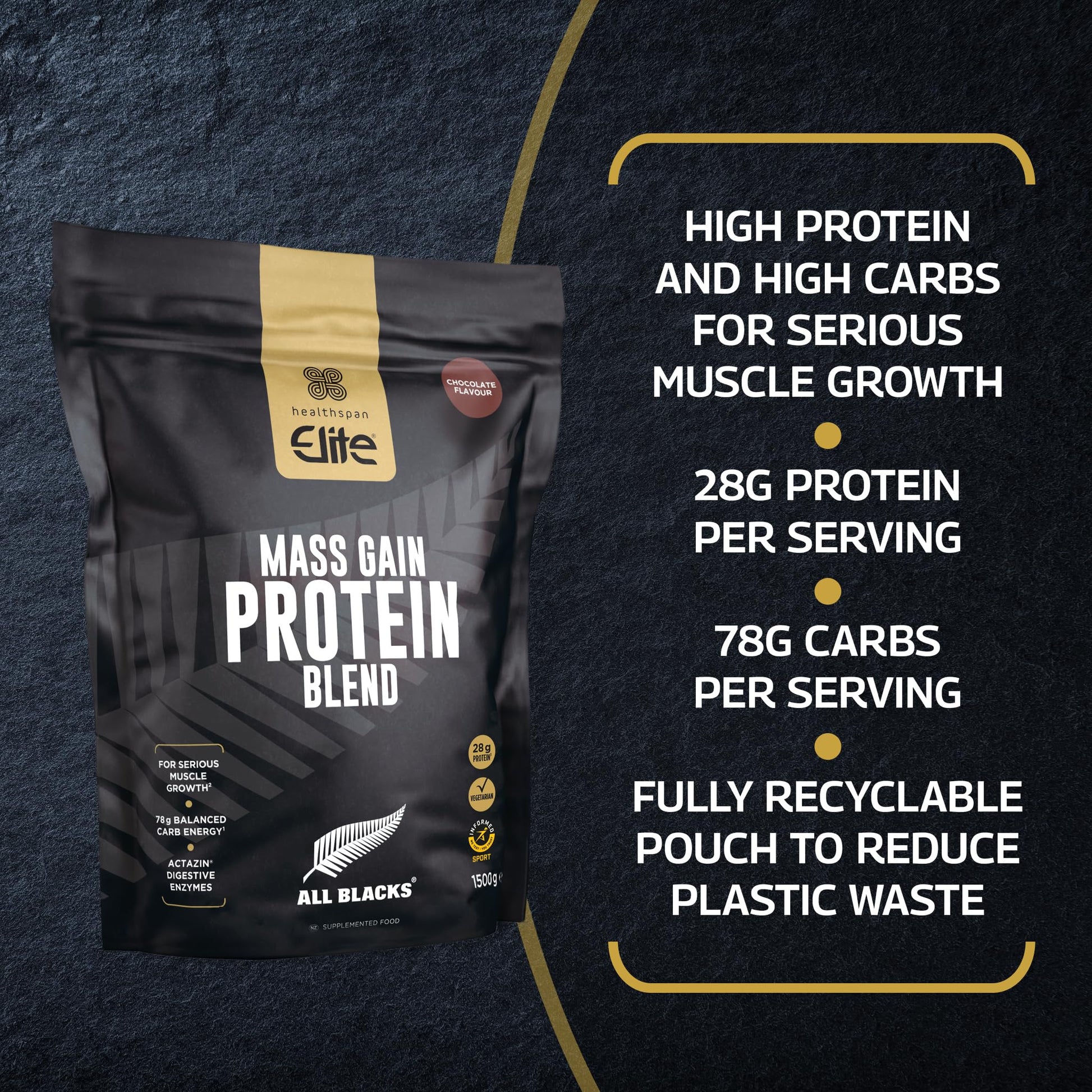 Healthspan Elite All Blacks Mass Gain Protein Blend (1500g) | Chocolate | 28g of Protein Healthspan Elite Au supplements