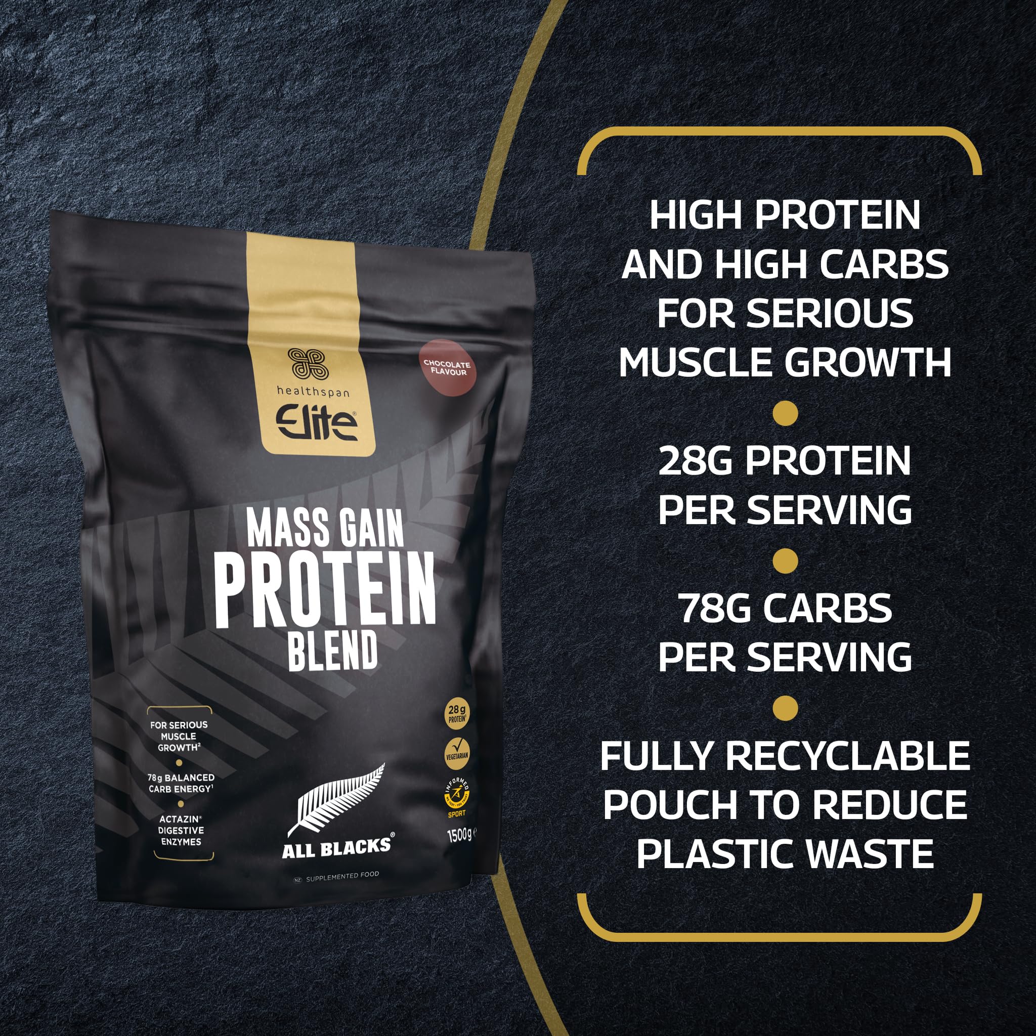 Healthspan Elite All Blacks Mass Gain Protein Blend (1500g) | Chocolate | 28g of Protein Healthspan Elite Au supplements
