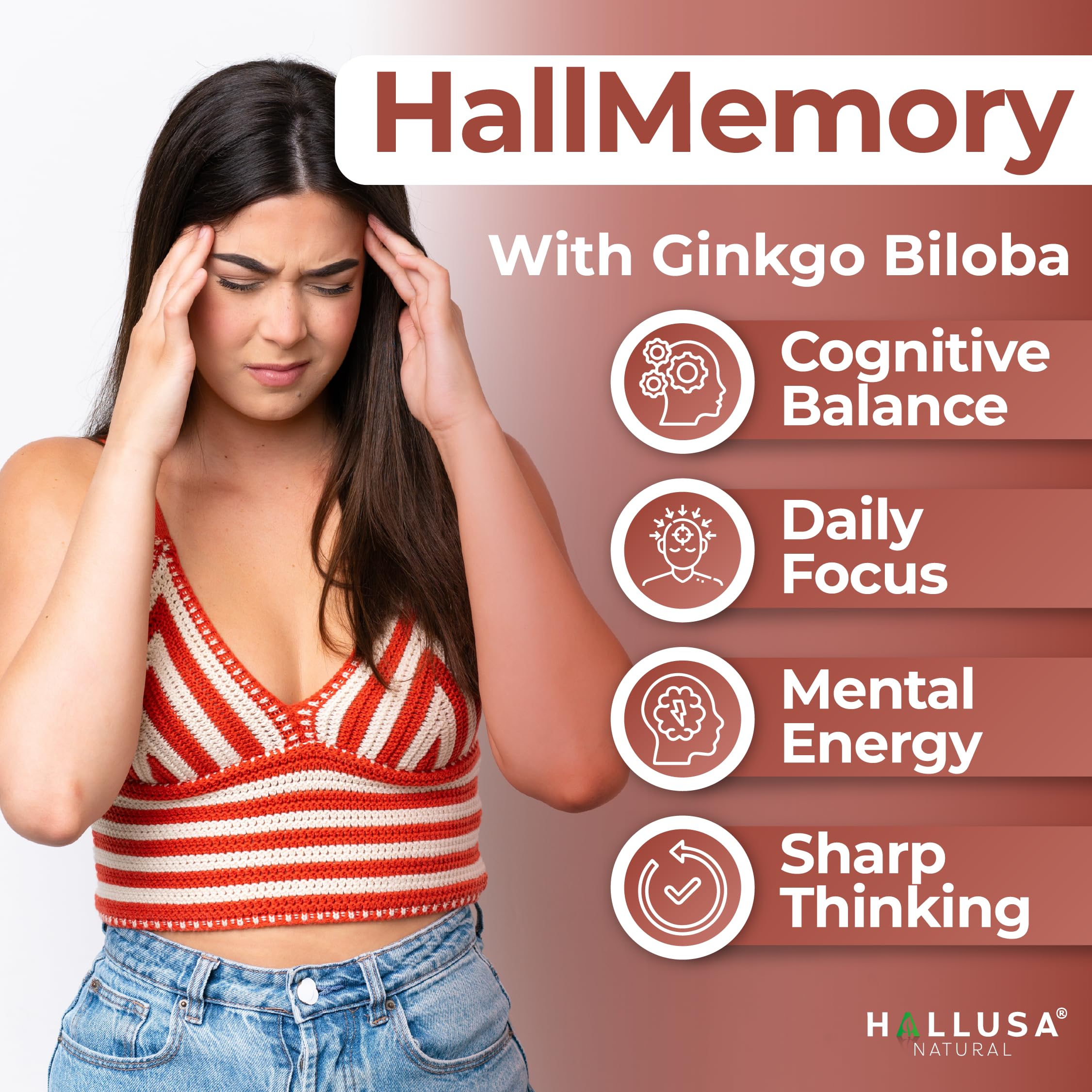 Hallusa Natural Brain Health Supplement Capsules 1680mg, Ginkgo Biloba, B Vitamins & Choline, Memory & Focus Support, Brain Booster for Men & Women, 60 Count Hallusa Natural Au supplements