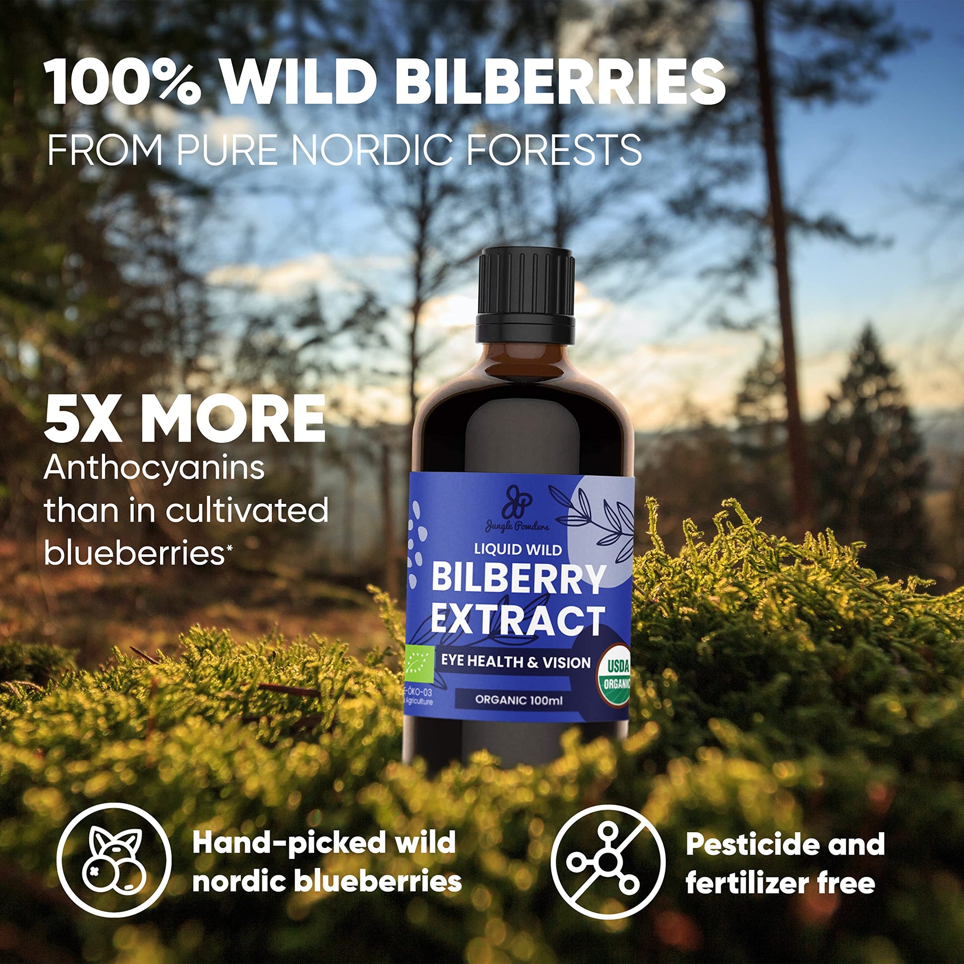 Grandpa Gifts from Granddaughter Wild Bilberry Extract USDA Organic Alcohol-Free 2x3.4oz Bottle of Liquid Bilberry Gift for Grandpa Health Gifts for Eyes High Bioavailability Liquid Extract 40 Serving Jungle Powders Au supplements