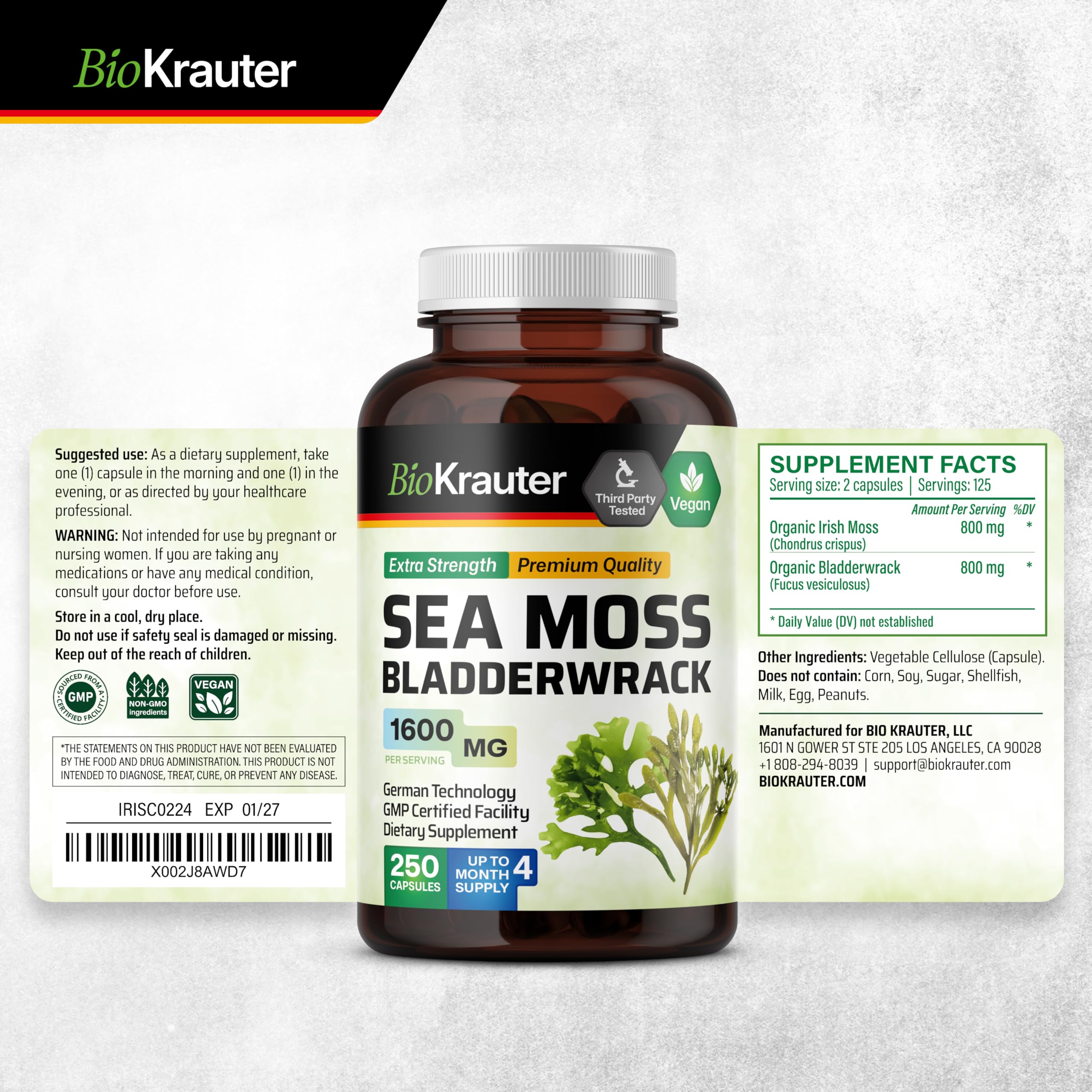 BIO KRAUTER® 2-in-1 Sea Moss for Thyroid Support - Vegan Bladderwrack & Sea Moss Capsules for Women & Men - Natural Сhondrus Сrispus Seaweed Supplement 1600 mg - 125 Days of Supply, Non-GMO BIO KRAUTER Au supplements