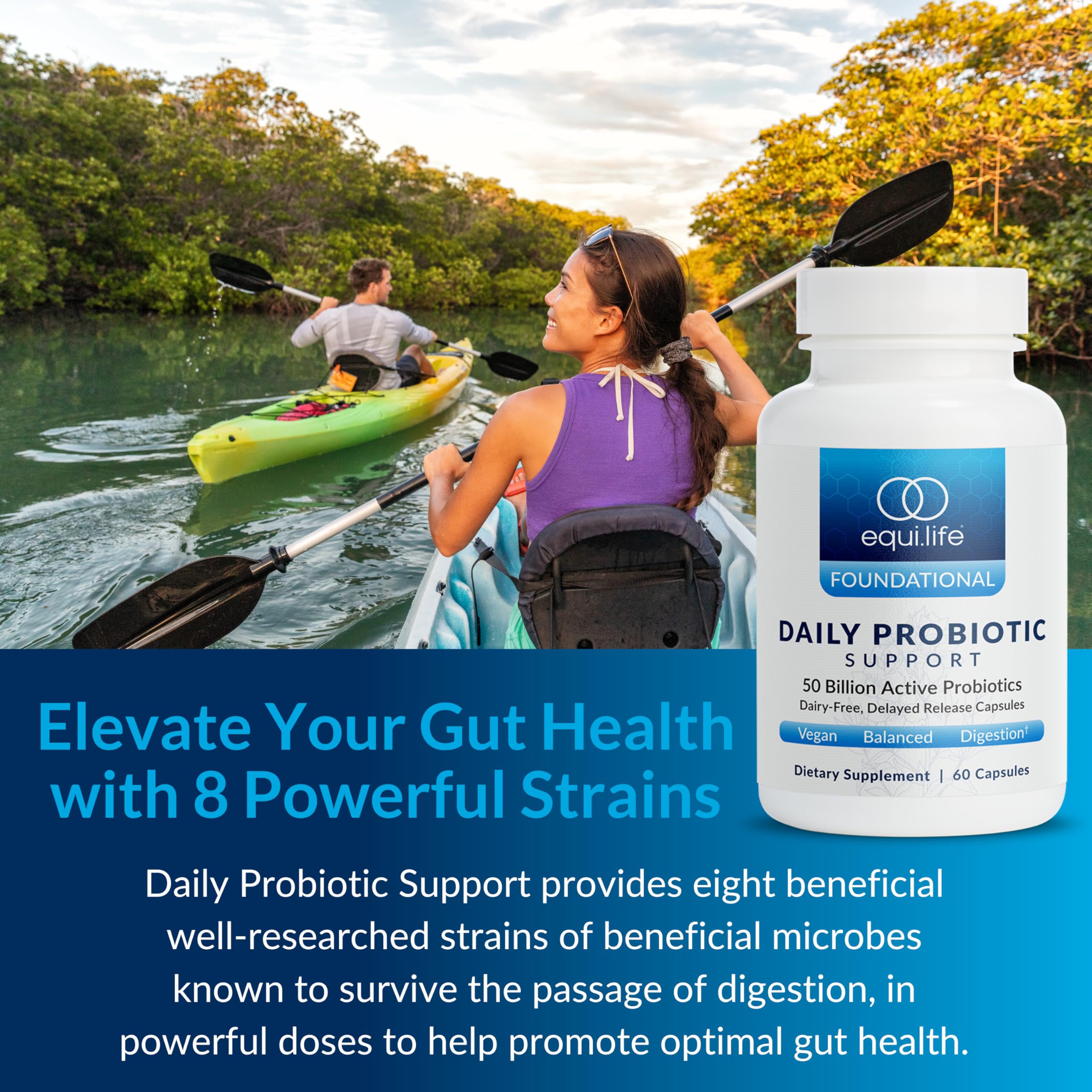 Equilife Daily Probiotic Support, 50 Billion CFU, 8 Probiotic Strains, Digestive and Gut Health Supplement for Men and Women, Gluten Free, Soy and Dairy Free, Non GMO, American Made, 60 Capsules Equilife Au supplements
