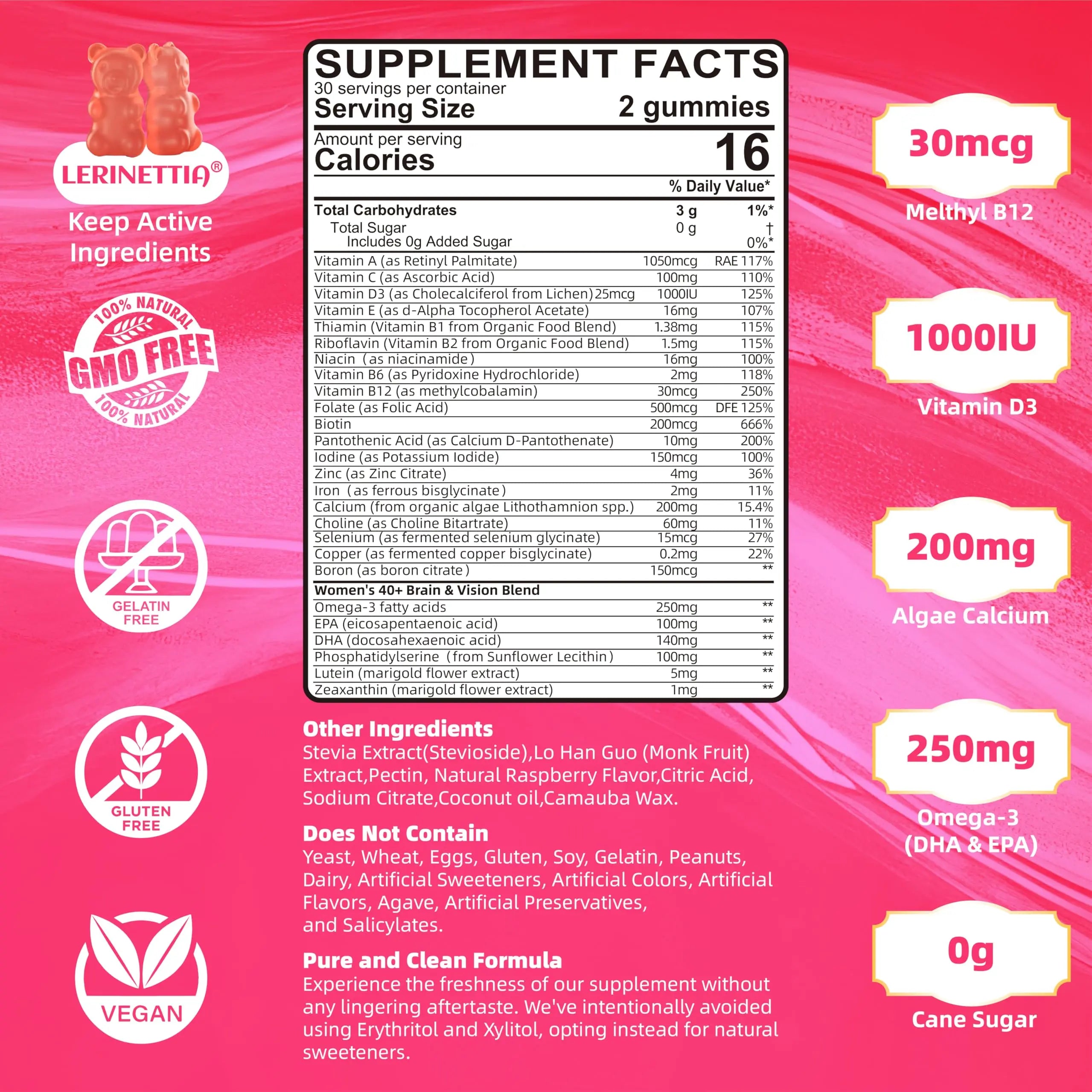 Lerinettia Multivitamin for Women Gummies for 40+ with Omega-3, Niacinamide, B-Complex, Lutein, Iron, Choline, Phosphatidylserine, Vitamin D3 Lerinettia Au supplements