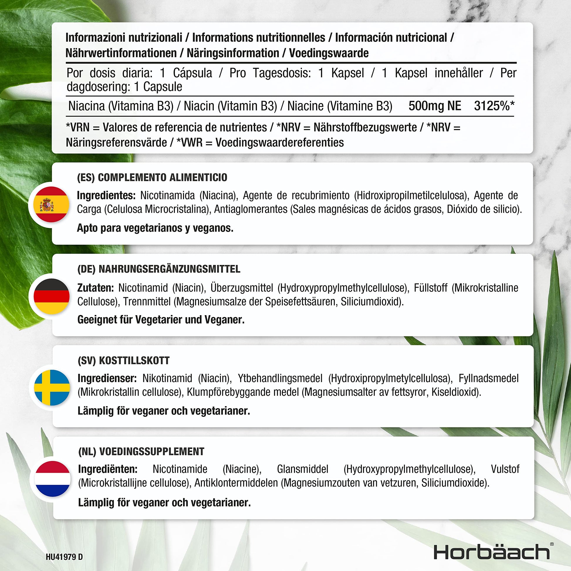 Vitamin B3 Niacin 500mg | 90 Vegan Capsules | Flush Free Nicotinamide Supplement Horbäach Au supplements