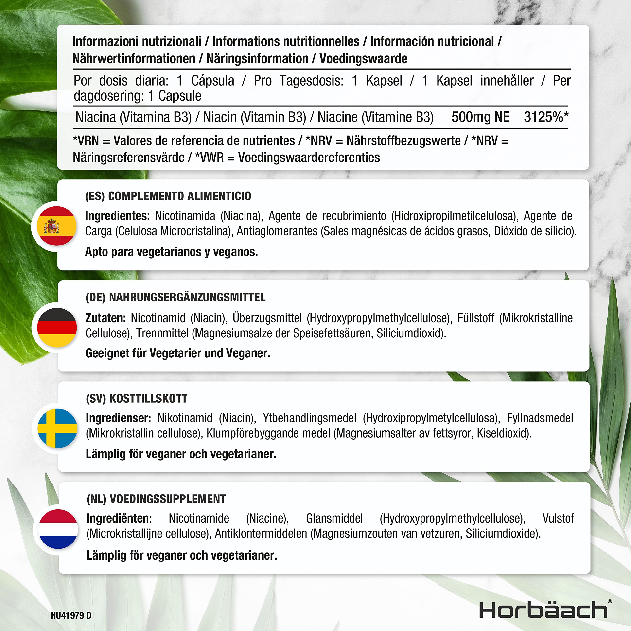 Vitamin B3 Niacin 500mg | 90 Vegan Capsules | Flush Free Nicotinamide Supplement Horbäach Au supplements