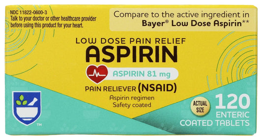 Rite Aid Aspirin Enteric Tablets, 81 mg Aspirin - 120 ct, Low Dose Aspirin | NSAID | Migraine Relief Products | Safety Coated | Enteric Coated Aspirin Regime (Package May Vary) Rite AidAU supplements