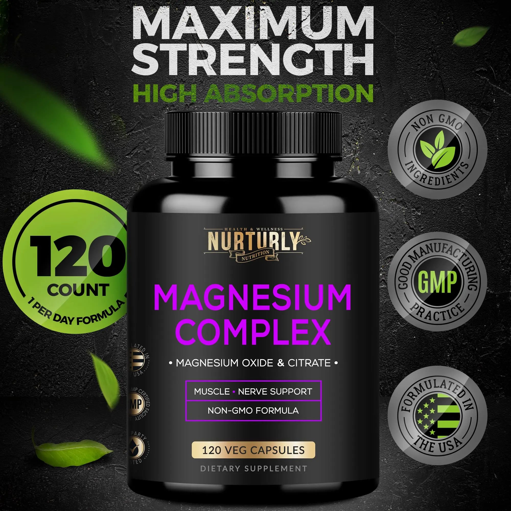 Magnesium Citrate & Oxide 500mg Complex Supplement - High Absorption Maximum Strength - Helps Support Bone Density and Strength, Muscles, Energy and Sleep - 120 Vegan Capsules NURTURLY Au supplements