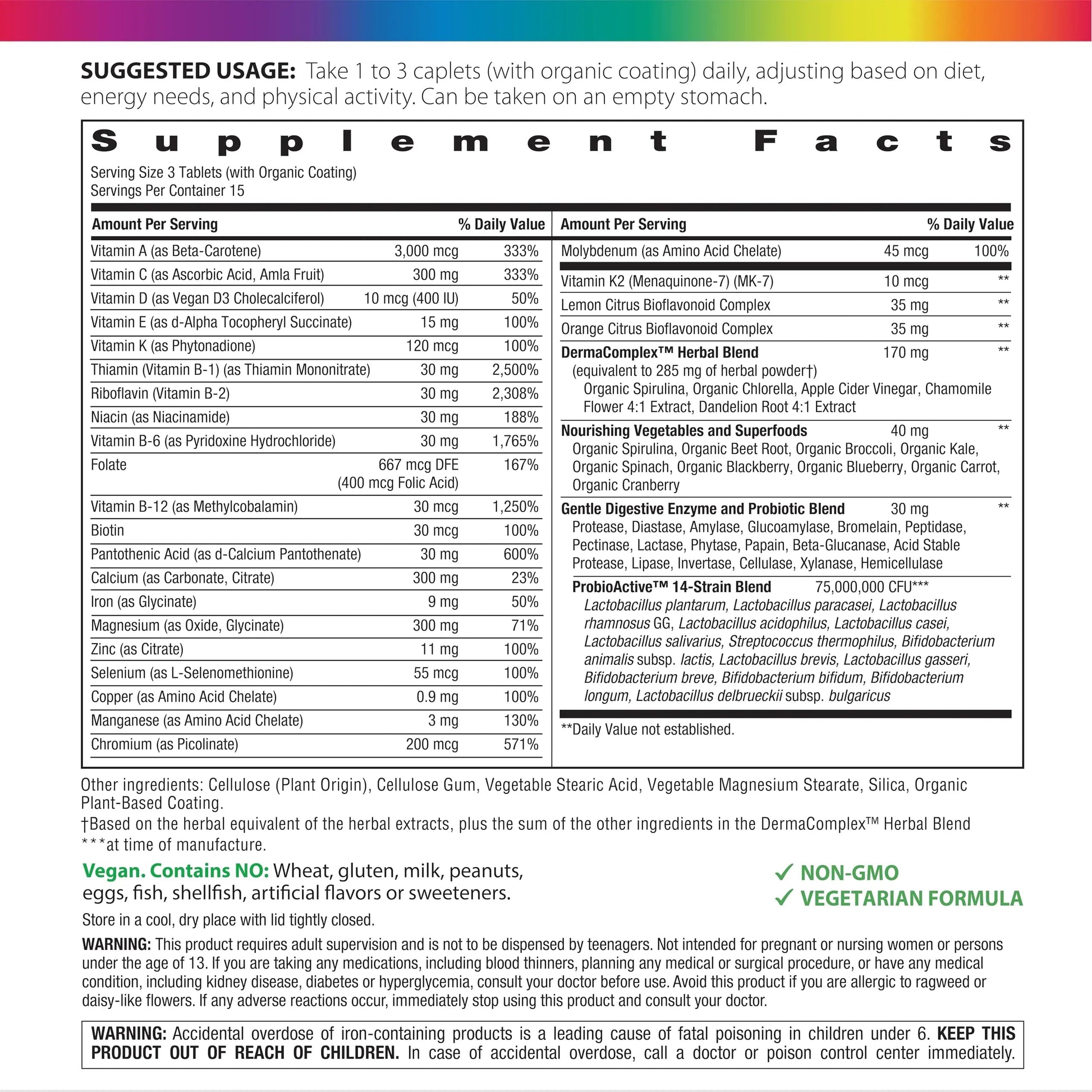 Rainbow Light Teen Multivitamin | 45 Caplets | for Boys and Girls | with DermaComplex, Real Food Nutrients & Iron | Rainbow Light Au supplements