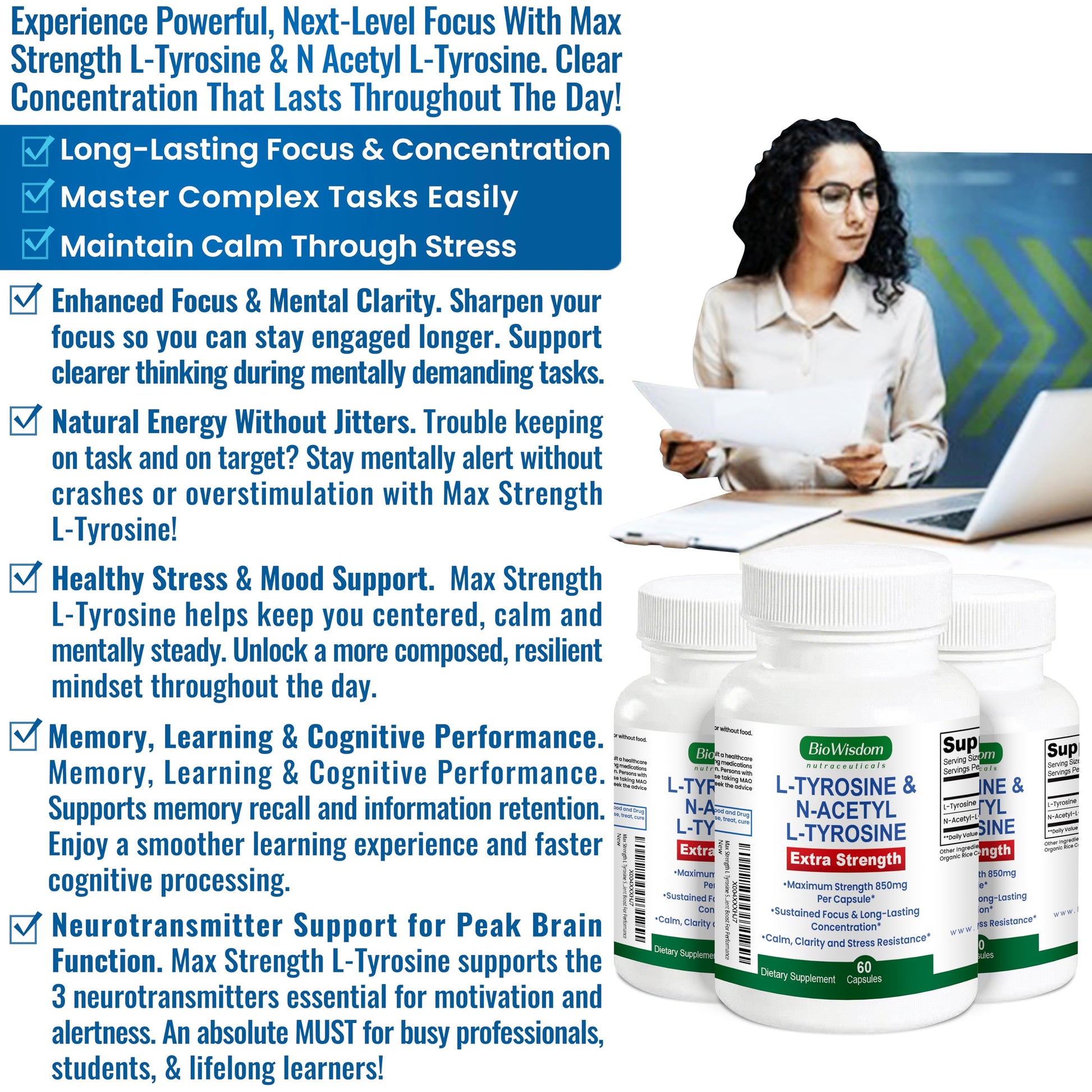 Max Strength L Tyrosine Supplement & N Acetyl L Tyrosine Peak Focus, Alertness, Concentration, Body & Mind Energy. L-Tyrosine 850mg Per 1 Capsule. A Well-Being Nutrient Boost For Performance BioWisdom Nutraceuticals Au supplements