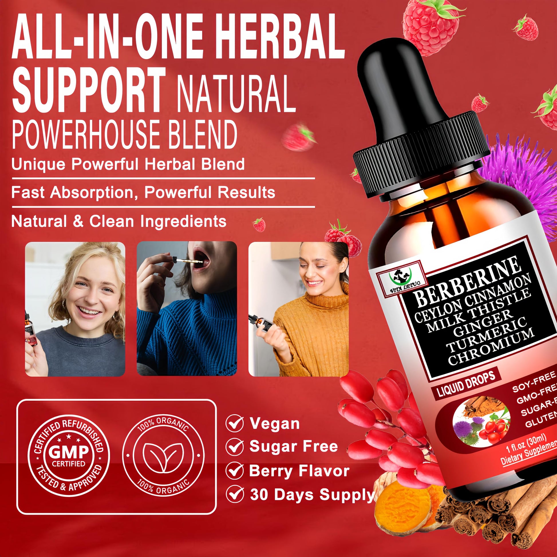 Berberine Drops, High Absorption 6-in-1 Liquid Berberine Supplement with Ceylon Cinnamon Milk Thistle Turmeric, Premium Berberine HCl for Immune Function Metabolic & Digestive Support, 30 Servings Vita letuo Au supplements