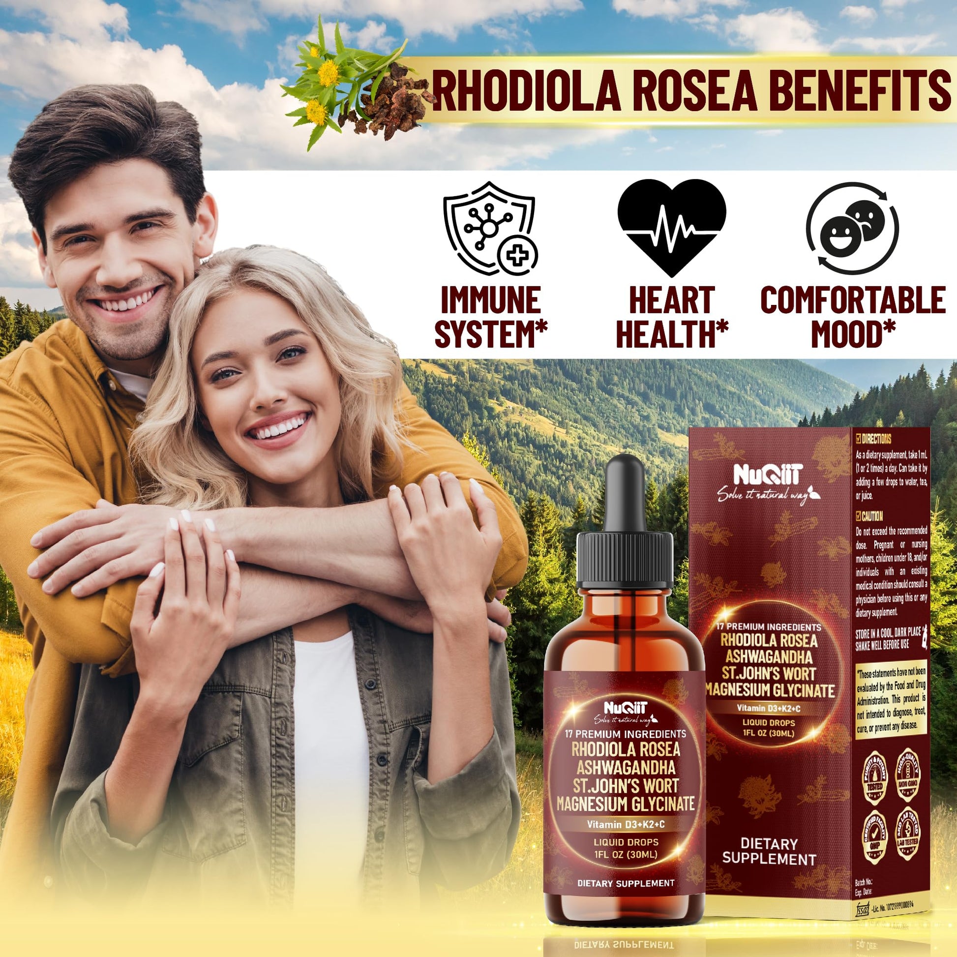 NUQIIT 17in1 Rhodiola Rosea Liquid Drops Tincture w/Ashwagandha Magnesium, L-Theanine. Ultra Rhodiola Cortisol Supplement, Rhodiola Root for Mood, Energy - 1 FL Oz - 60 Day Supply NUQIIT Au supplements