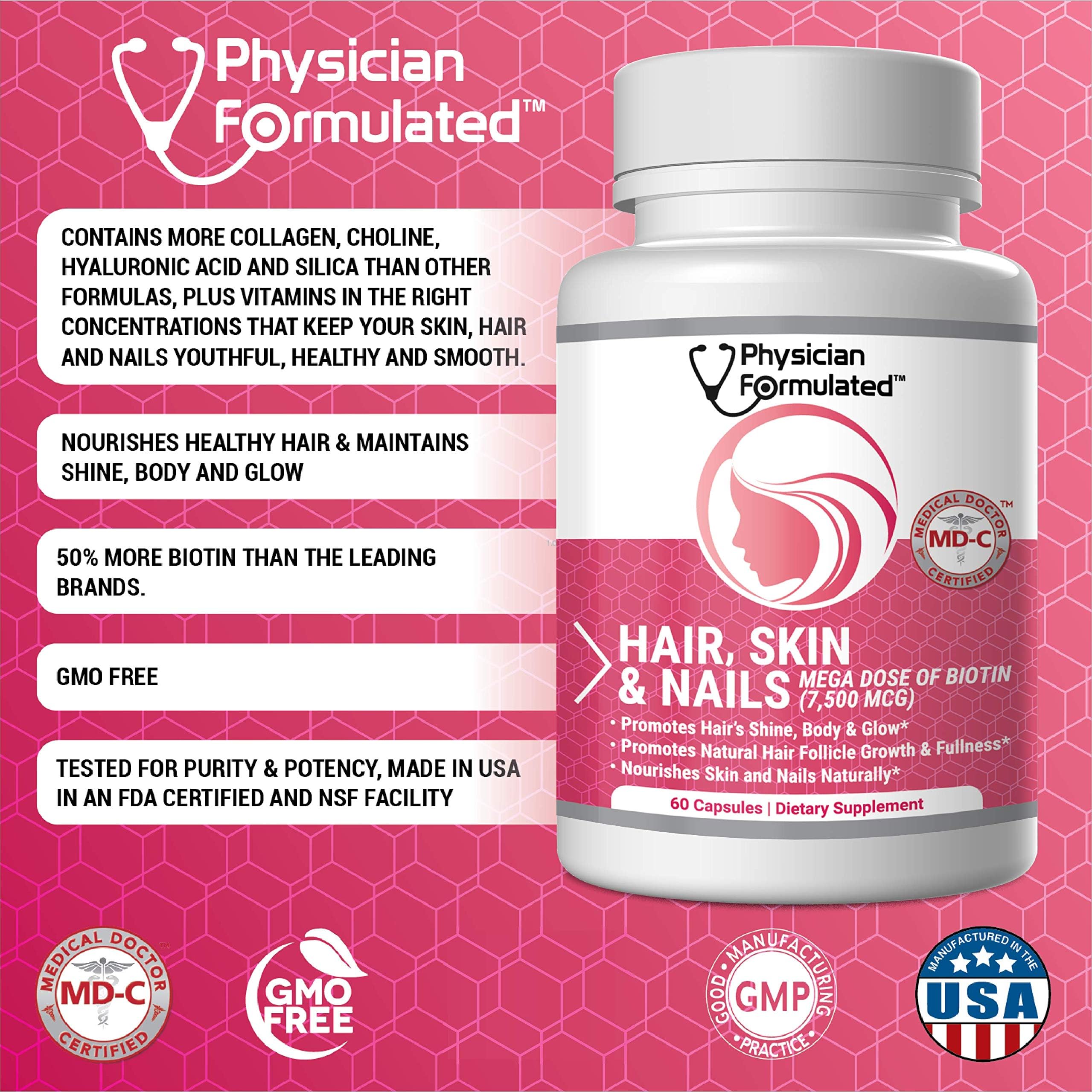 Physician Formulated Healthy Hair Skin and Nails Vitamins for Men and Women - 7500 mcg Biotin, Amino Acids, Collagen and Hyaluronic Acid - 60 Capsules Physician Formulated Au supplements