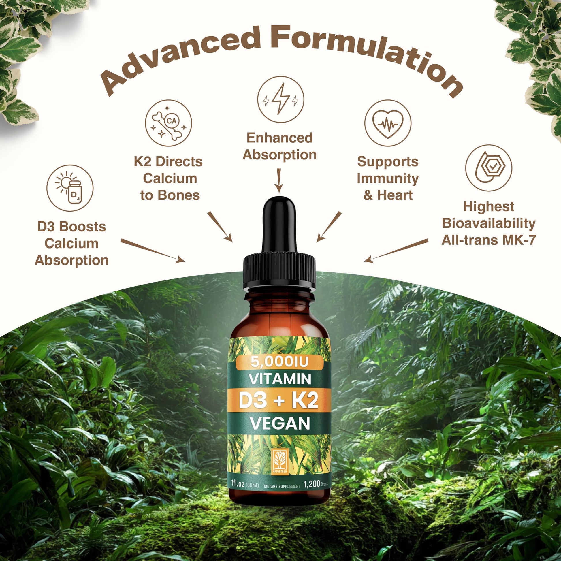NATURTREU Vegan Vitamin D3 K2 Liquid Drops with MCT Oil for Adults (240 Servings) - Liquid Vitamin D K2 MK7 - All Natural, Non-GMO & Dr Formulated with 3X More Absorption - Third-Party Tested NATURTREU Au supplements