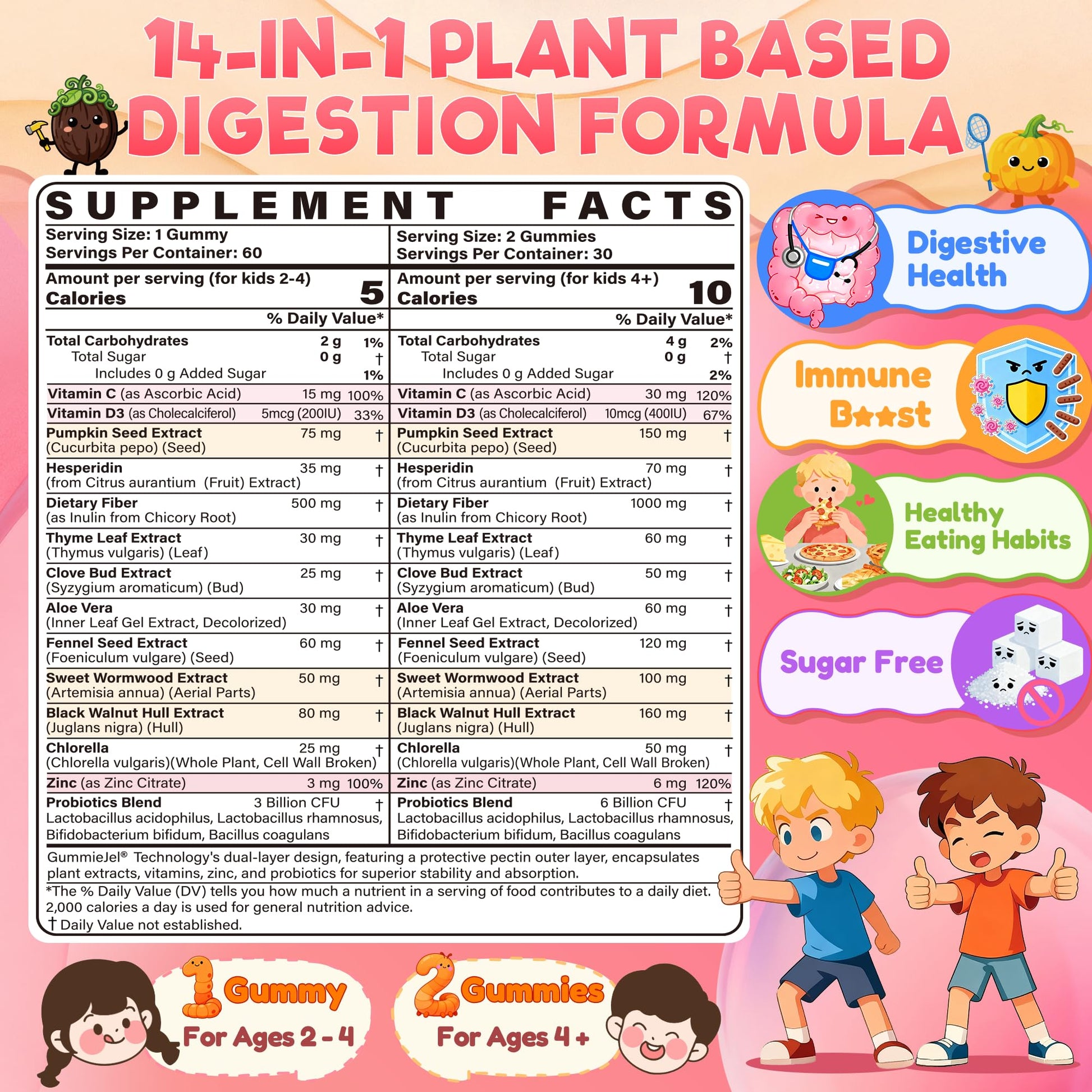 Toddler 2-4 & Kids 4+ Para Clean Gut Health Gummies w/Black Walnut, Wormwood, Clove, Pumpkin Seeds, Vitamin C, D3, Zinc, Digestive Supplement for Natural Gut Cleanse, Kids Immune Support (60cts) EnvyCure Au supplements