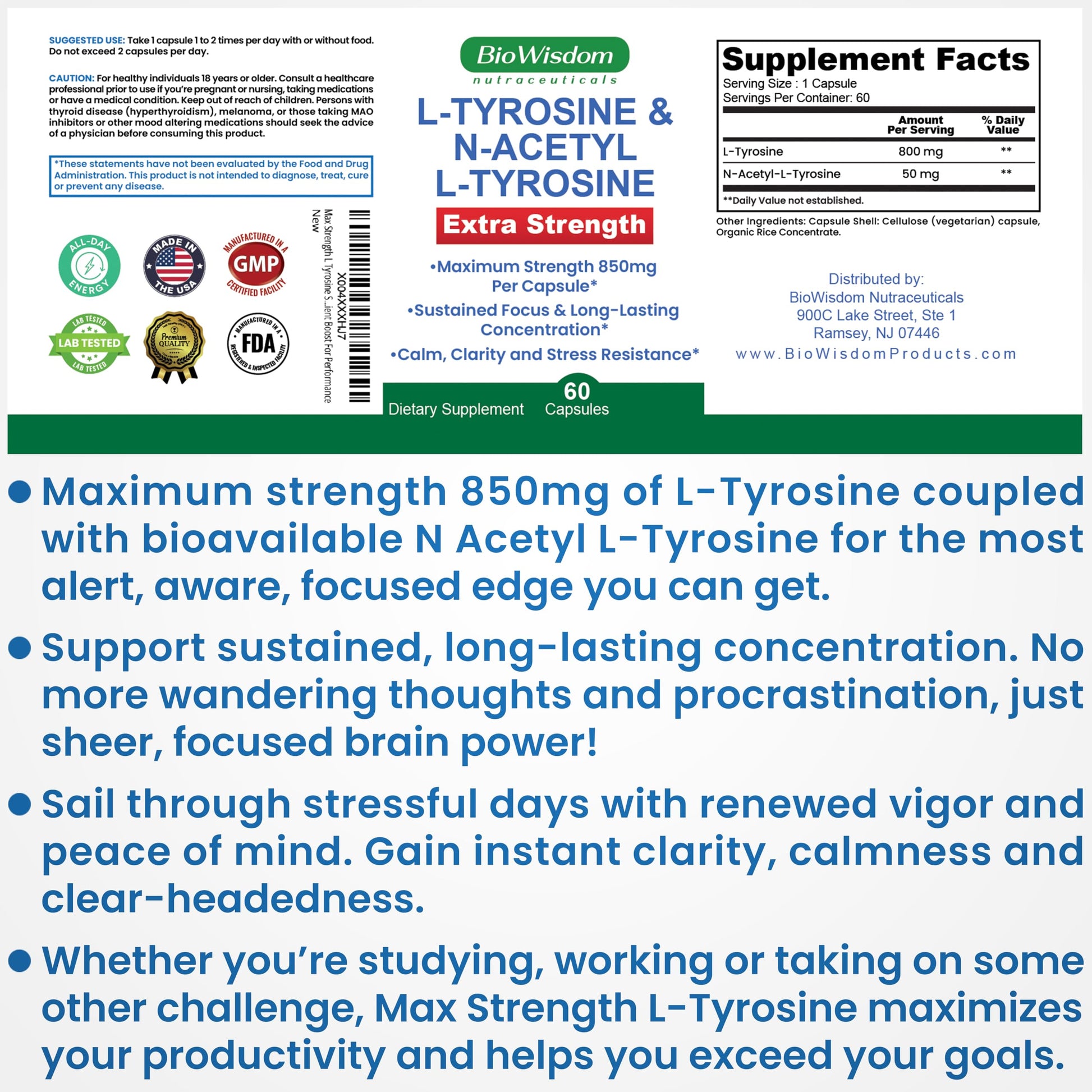 Max Strength L Tyrosine Supplement & N Acetyl L Tyrosine Peak Focus, Alertness, Concentration, Body & Mind Energy. L-Tyrosine 850mg Per 1 Capsule. A Well-Being Nutrient Boost For Performance BioWisdom Nutraceuticals Au supplements