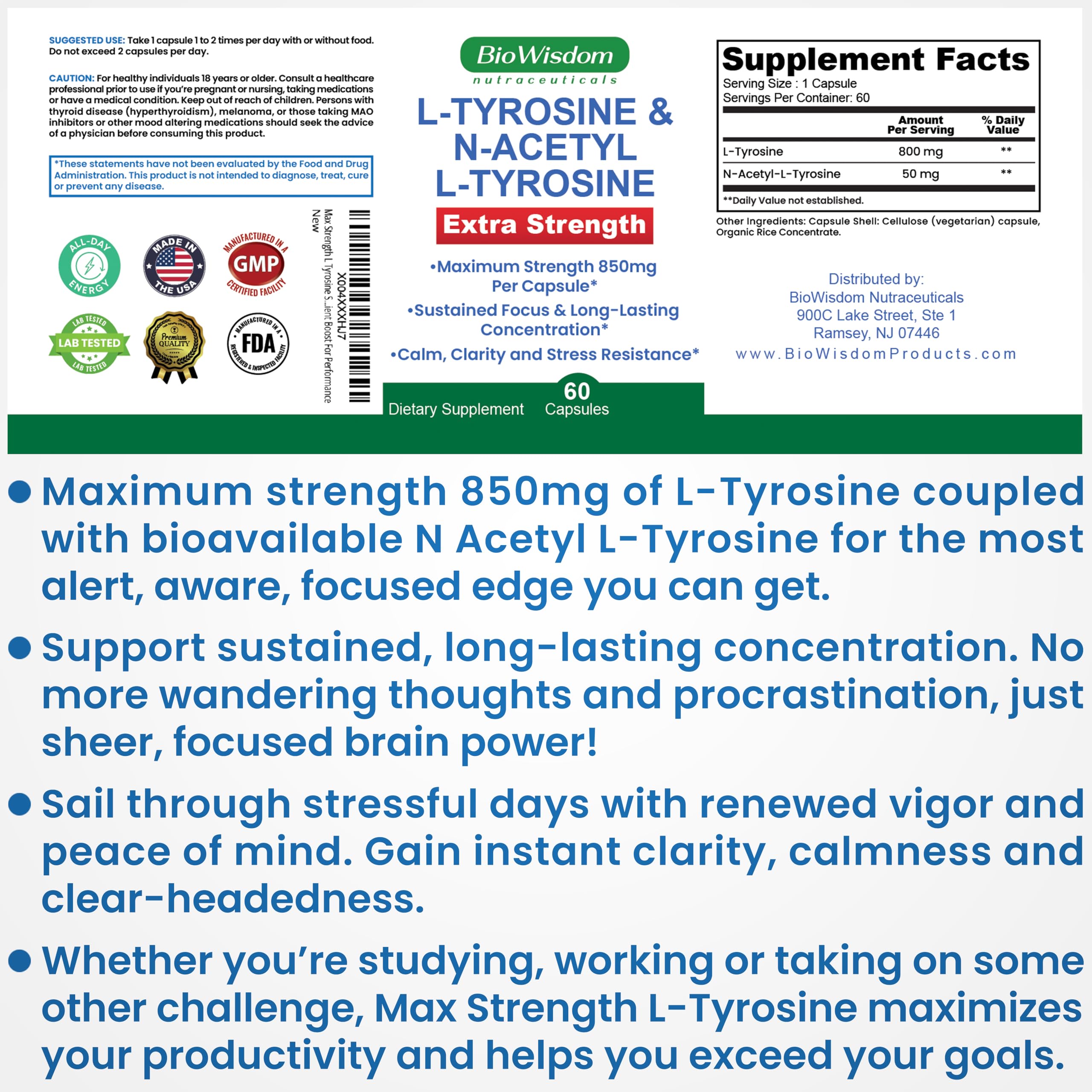 Max Strength L Tyrosine Supplement & N Acetyl L Tyrosine Peak Focus, Alertness, Concentration, Body & Mind Energy. L-Tyrosine 850mg Per 1 Capsule. A Well-Being Nutrient Boost For Performance BioWisdom Nutraceuticals Au supplements
