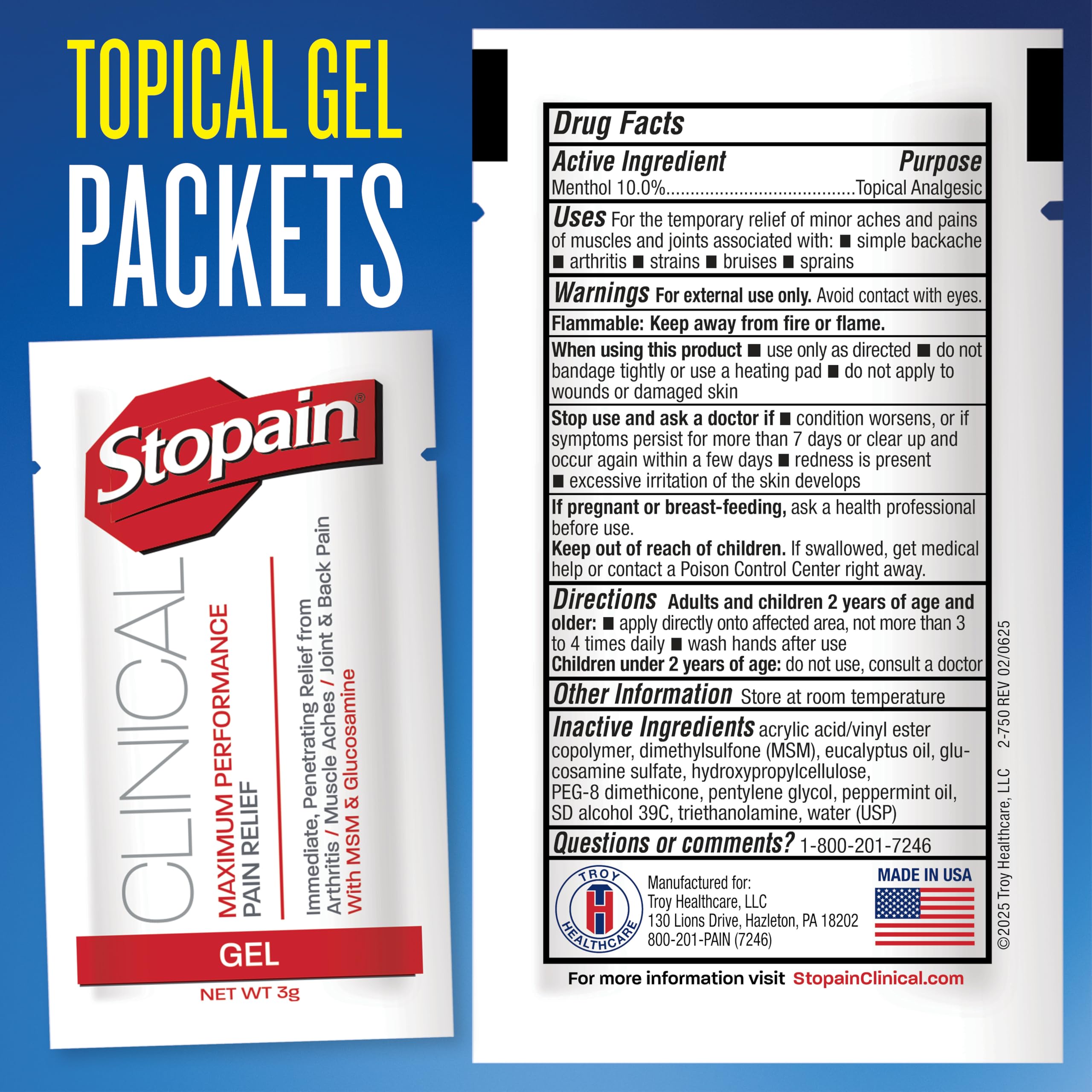 Stopain Pain Relief Clinical Gel Packets, 50 Pack, Made in USA, Maximum Performance Pain Relief with 10% Menthol Plus Glucosamine for Muscle Aches, Joint Pain, and Arthritis Stopain Au supplements