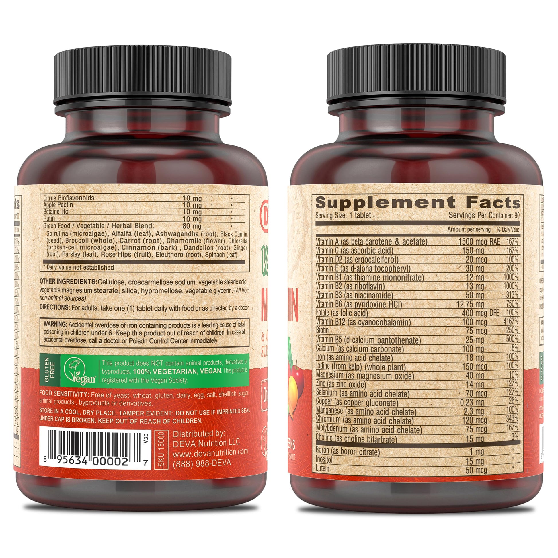 DEVA Vegan Multivitamin & Mineral Supplement with Iron 2-Pack, Spirulina, Chlorella, Ashwagandha, Broccoli & More, 90 Coated Tablets Each DEVA Au supplements