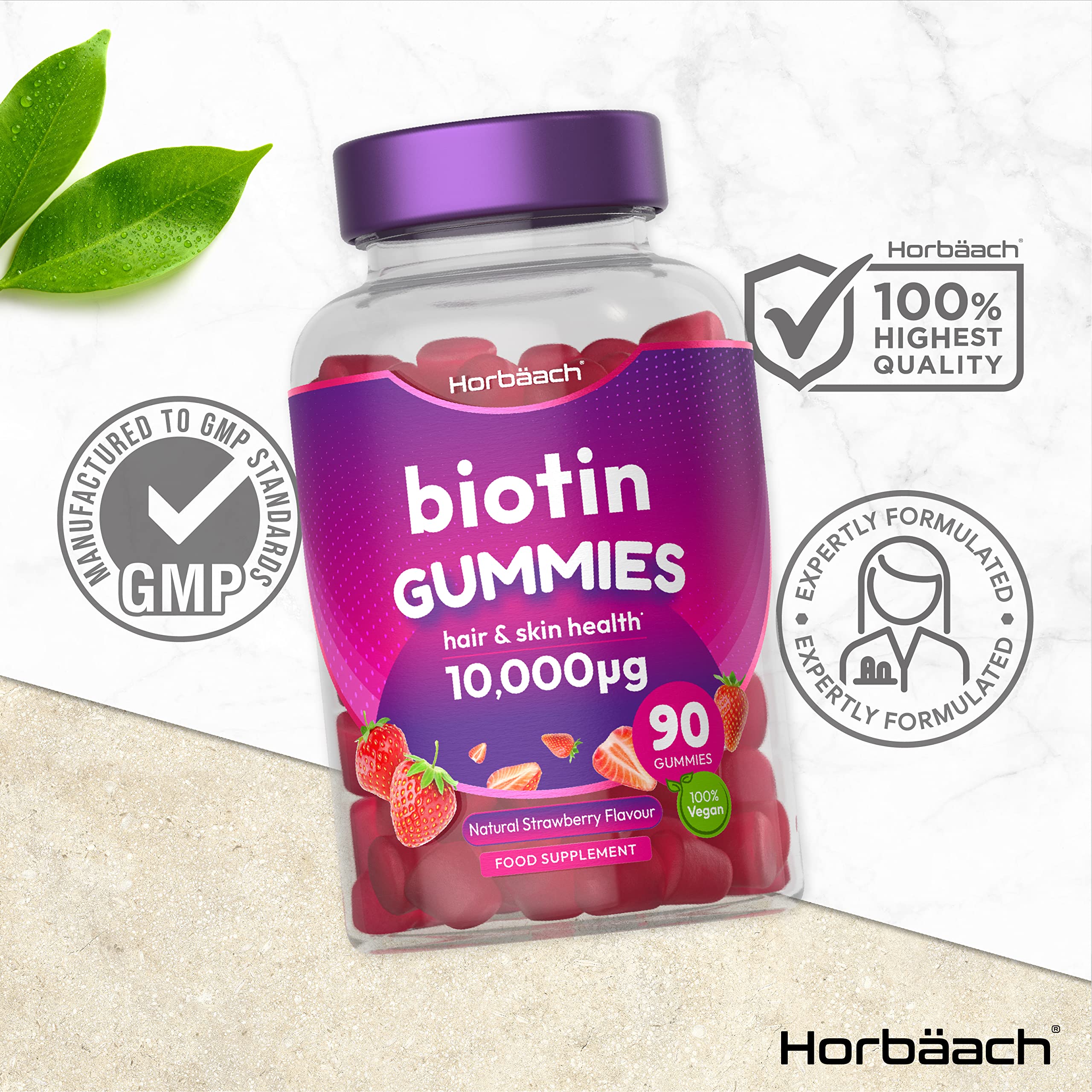 Biotin Gummies 10,000mcg | 90 Vegan Vitamins | Natural Strawberry Flavour Horbäach Au supplements