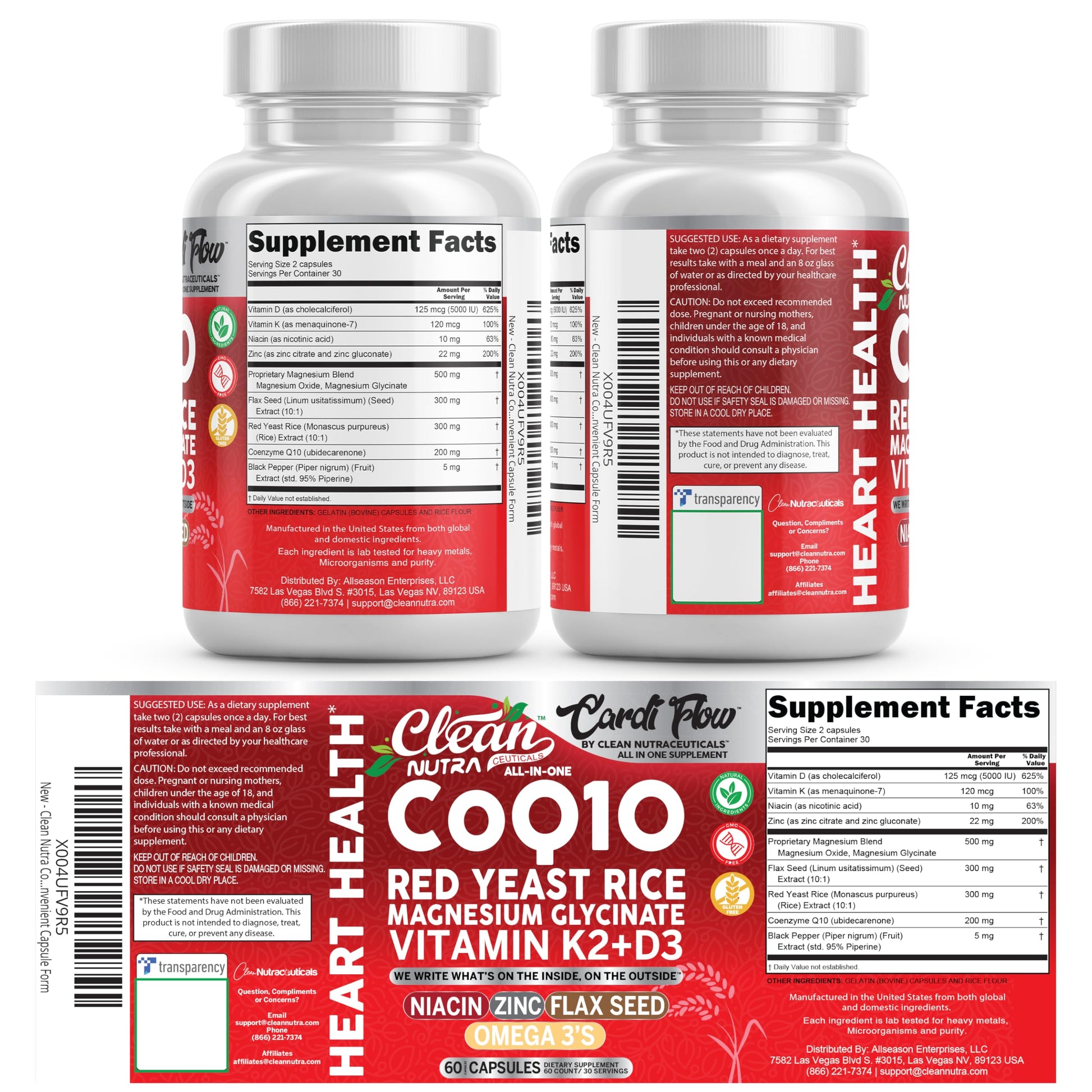 Clean Nutra CoQ10 Red Yeast Rice Magnesium Glycinate Vitamin K2 D3 Niacin Zinc Flax Seed Omega 3 Capsules 60 Count All in One Formula Premium Ingredients Dietary Supplement Clean Nutraceuticals Au supplements