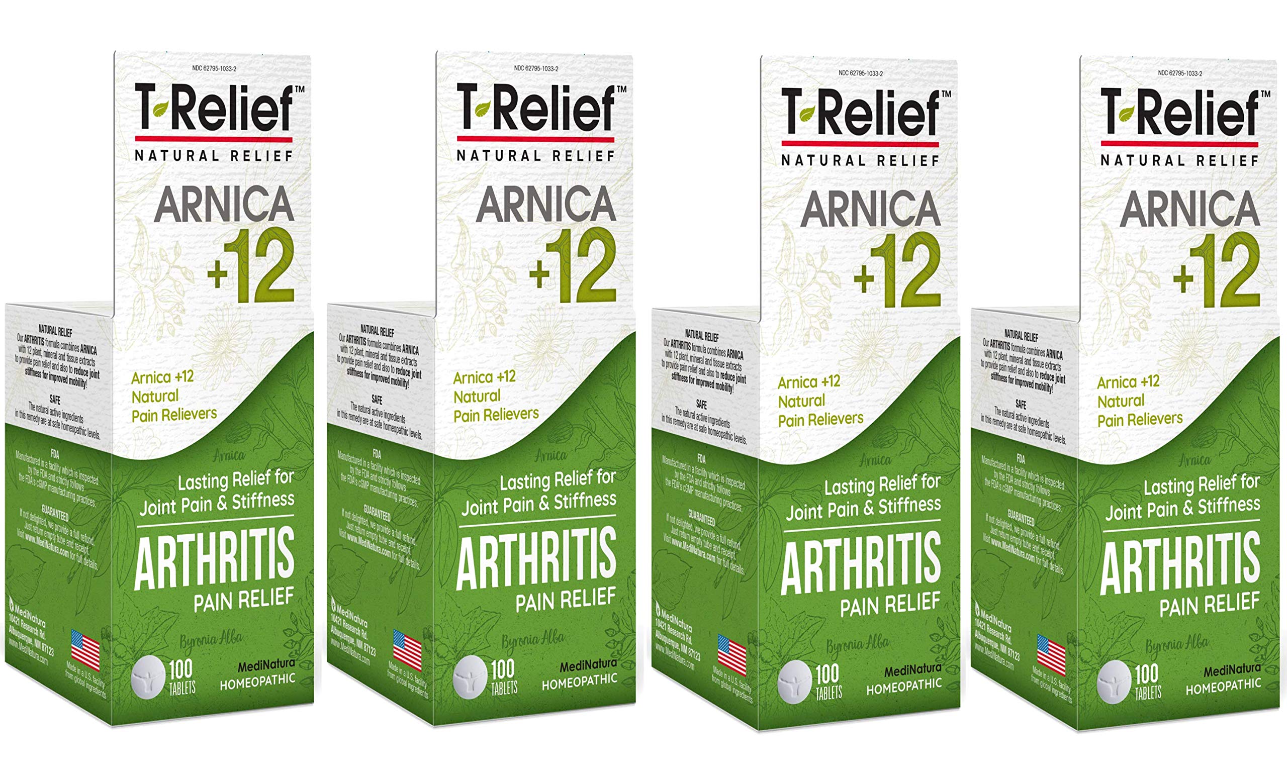 MediNatura T-Relief Extra Strength Arthritis Pain Reliever Arnica +12 Natural Medicines for Joint Soreness Stiffness Aches, Quick Dissolving Pain Relief for Women & Men - 100 Tablets (4 Pack) MediNatura Au supplements