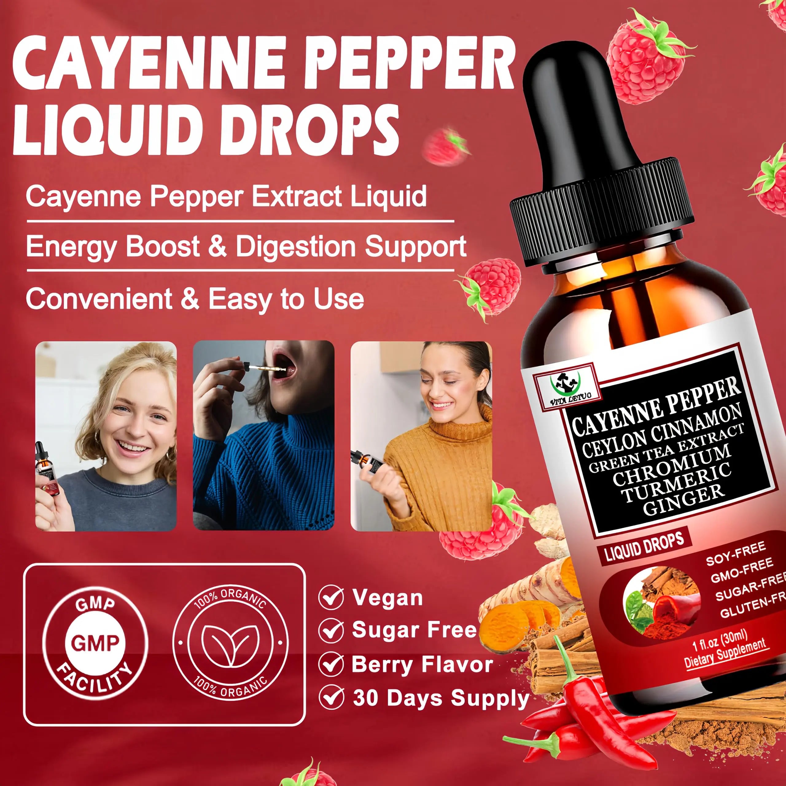 Cayenne Pepper Drops, High Absorption 6-in-1 Liquid Cayenne Pepper Supplement w/Ceylon Cinnamon, Green Tea Extract, Turmeric, Organic Liquid Drops Than Cayenne Capsules Powder Vita letuo Au supplements