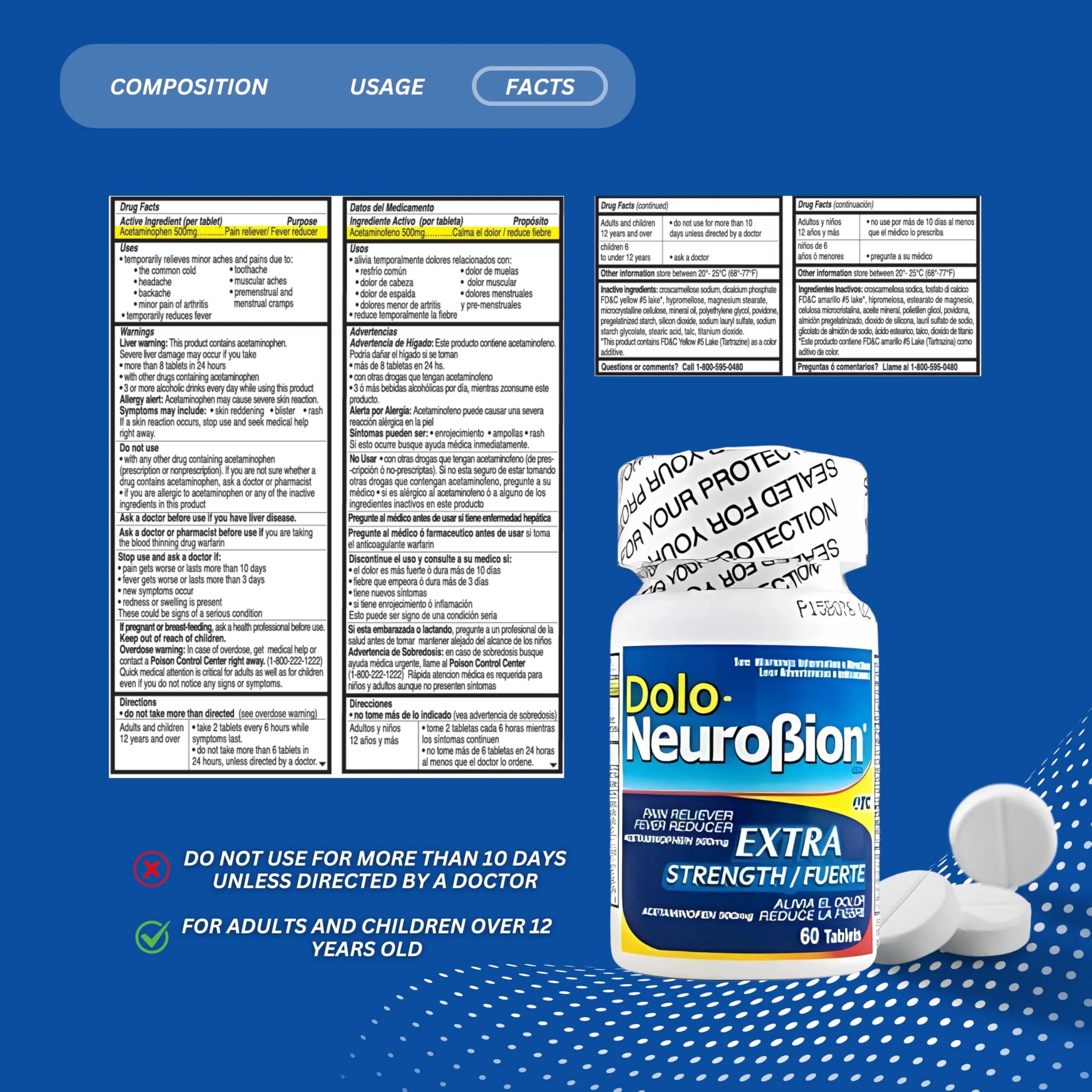 Dolo Neurobion Pain Reliever, Fever Reducer, Extra Strength. Alivia el Dolor,Reduce la Fiebre, Extra Fuerte. 60 Tablets. Acetaminophen 500 mg Neurobion Au supplements