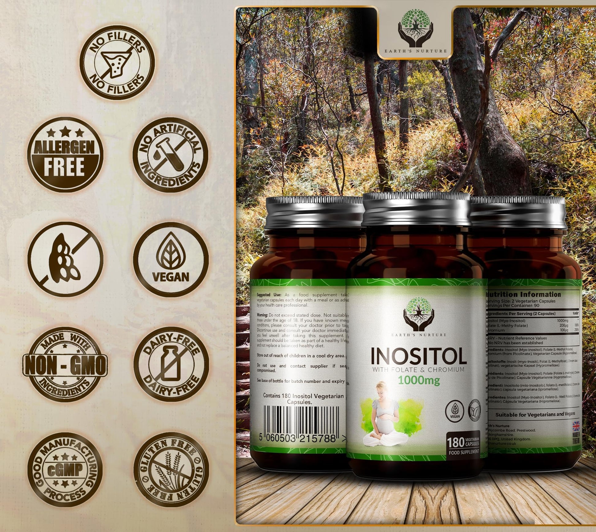 EN Myo-Inositol Chromium & Folate Blend | 1000mg Myo Inositol Per Serving | 180 Vegan Earth's Nurture Au supplements