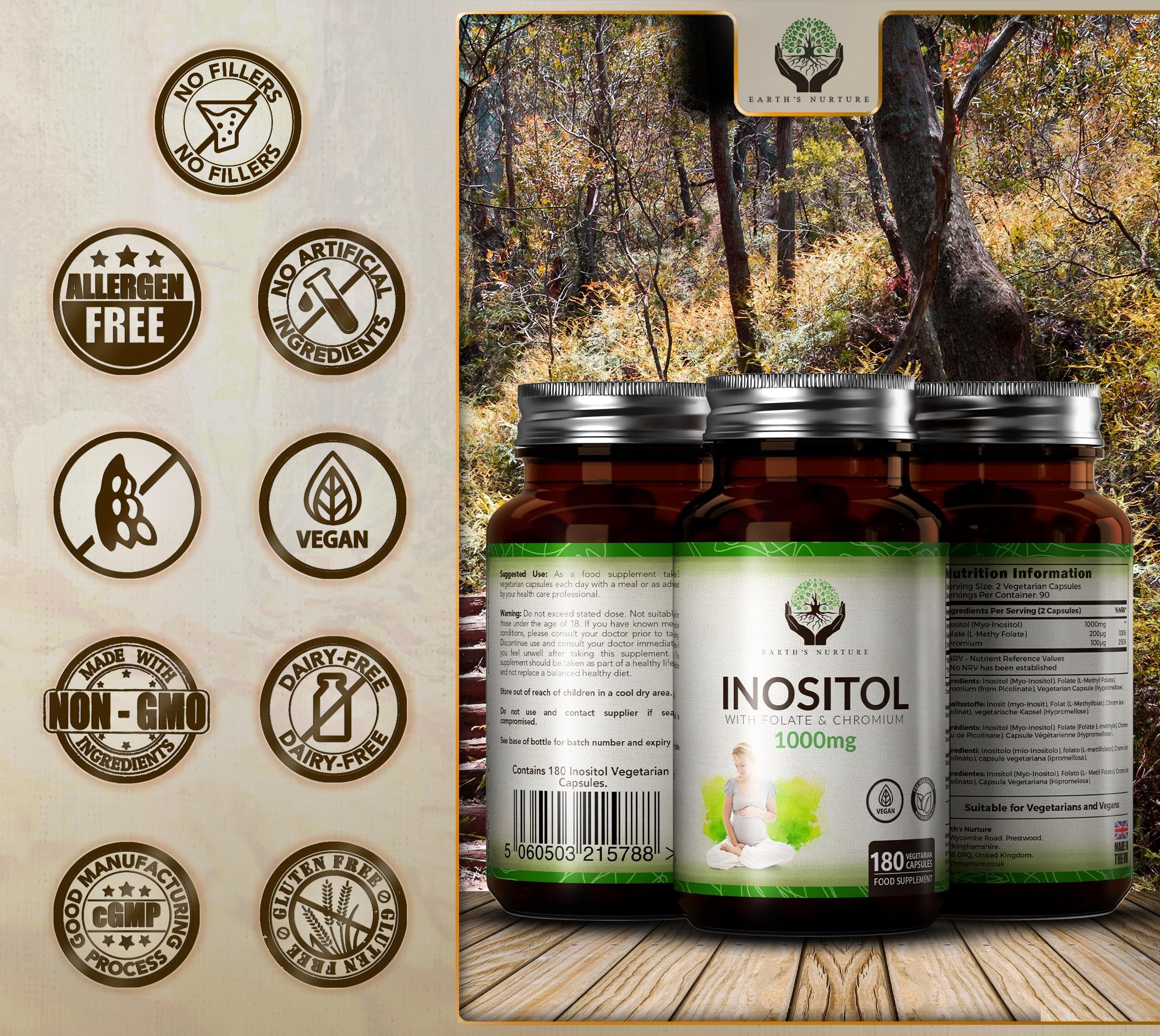 EN Myo-Inositol Chromium & Folate Blend | 1000mg Myo Inositol Per Serving | 180 Vegan Earth's Nurture Au supplements