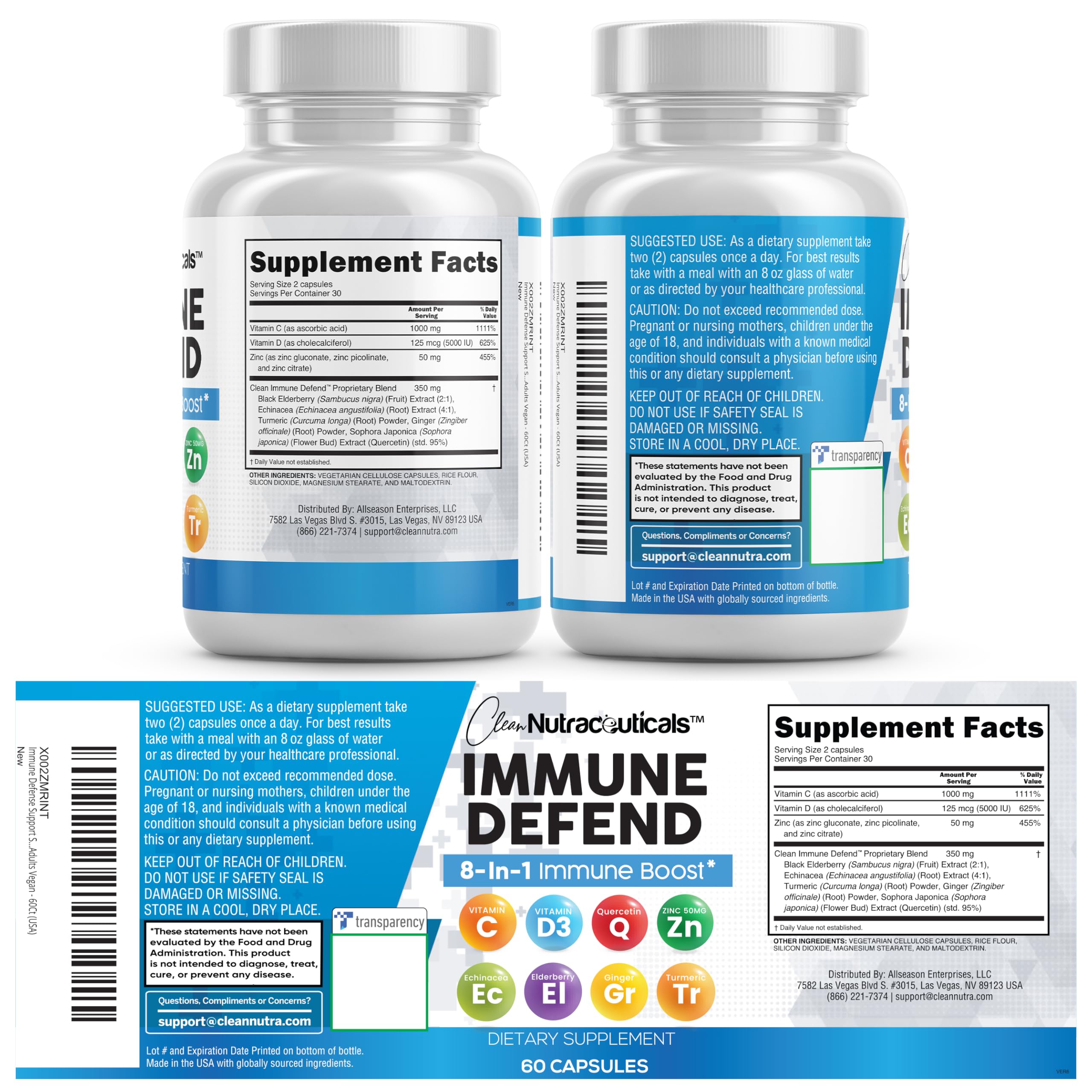 Clean Nutraceuticals Immune Defense Support Supplement 8 in 1 with Zinc 50mg Quercetin, VIT C 1000mg, Vitamin D3 5000 IU, Elderberry, Ginger - Immunity System Booster for Adults, Vegan - 60 Count Clean Nutraceuticals Au supplements