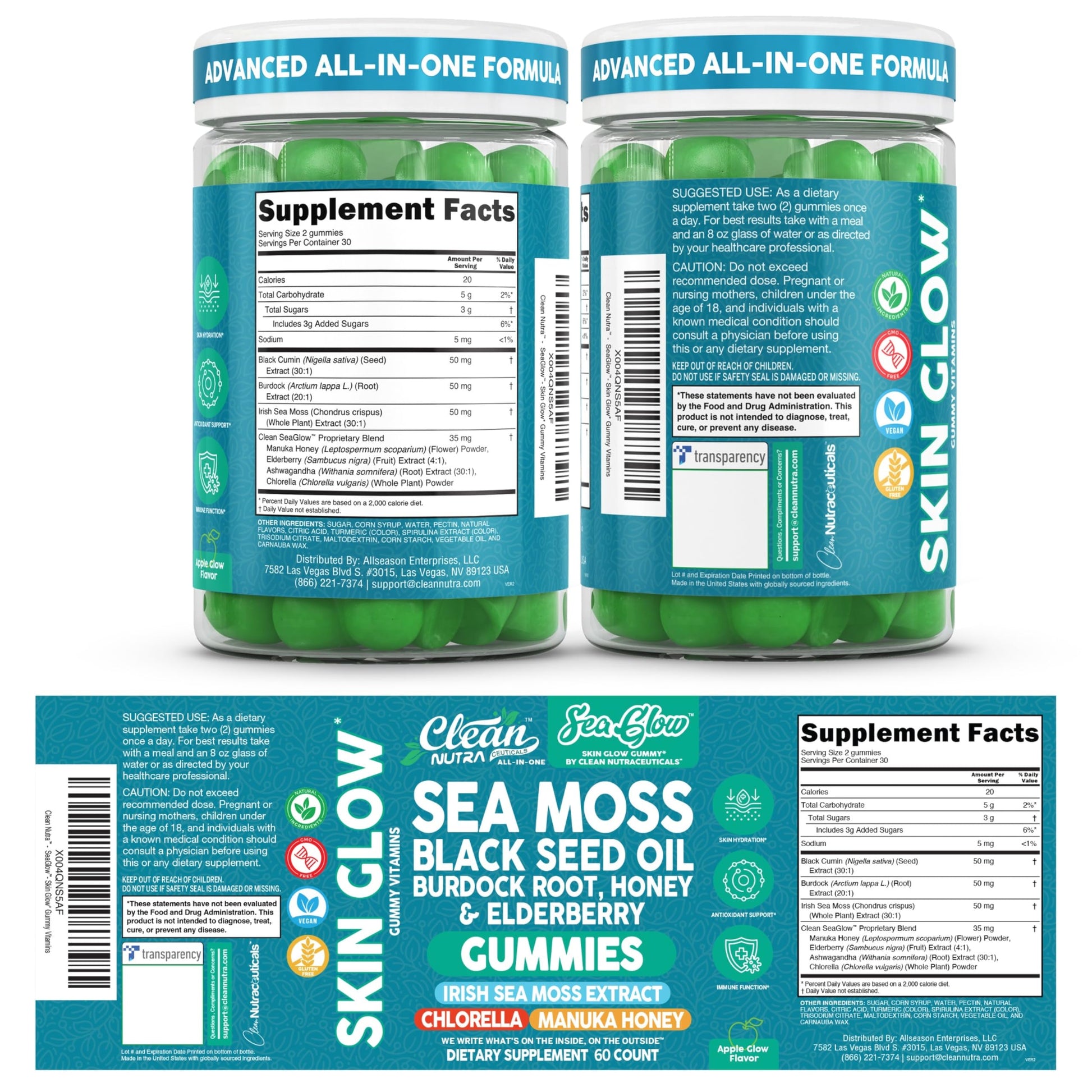 Clean Nutra Sea Moss Gummies Black Seed Oil Chlorella Ashwagandha Root Hair Growth Skin Glow Irish Sea Moss Elderberry Burdock Manuka Honey Trace Minerals Detox 60 Gummy Vitamins Sea Glow Supplement Clean Nutraceuticals Au supplements