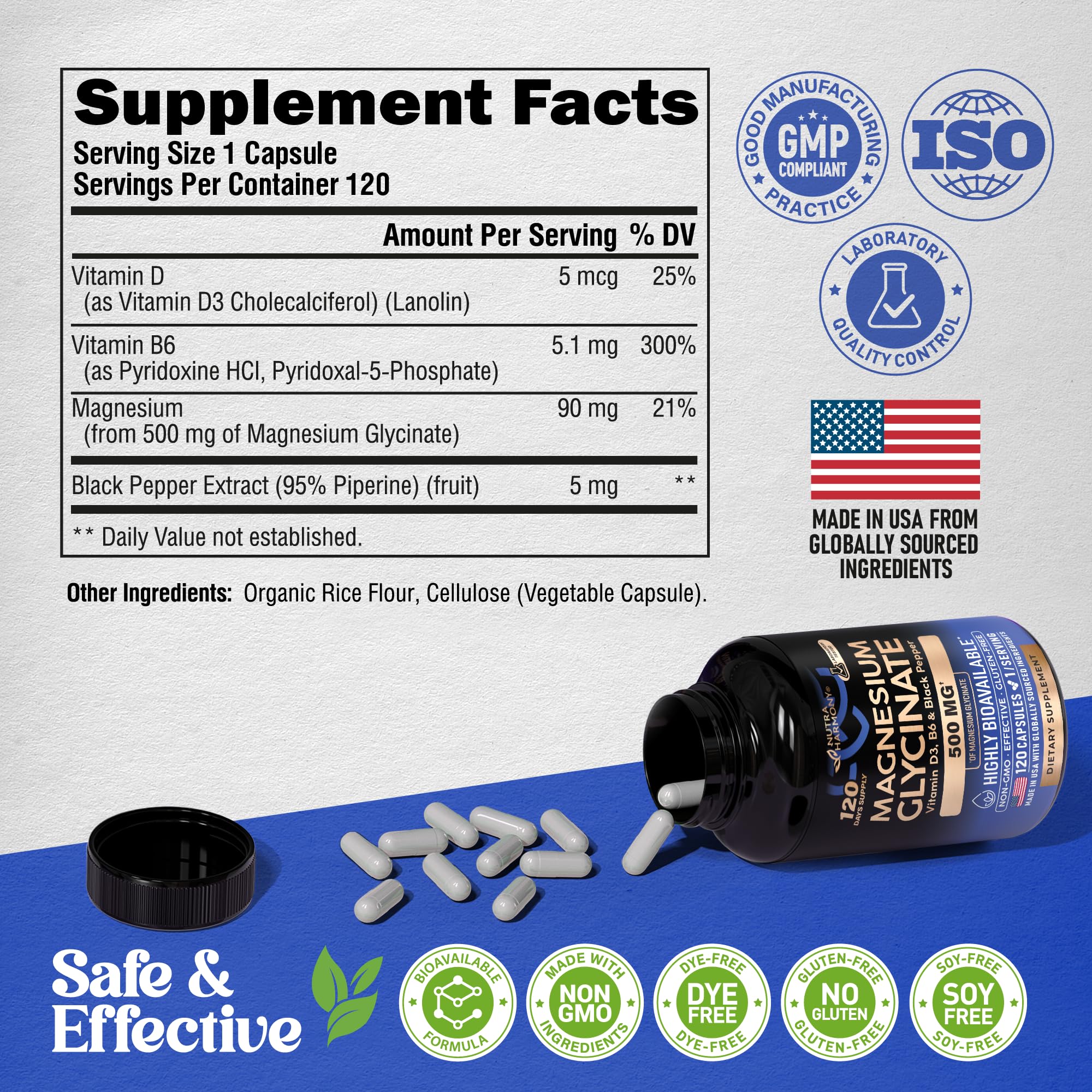 Magnesium Glycinate 500 mg - Chelated Supplement - High Absorption Form of Magnesium - Support for Sleep, Muscle & Heart Health - Made in USA, Lab Tested & Non-GMO - 120 Capsules NUTRAHARMONY Au supplements