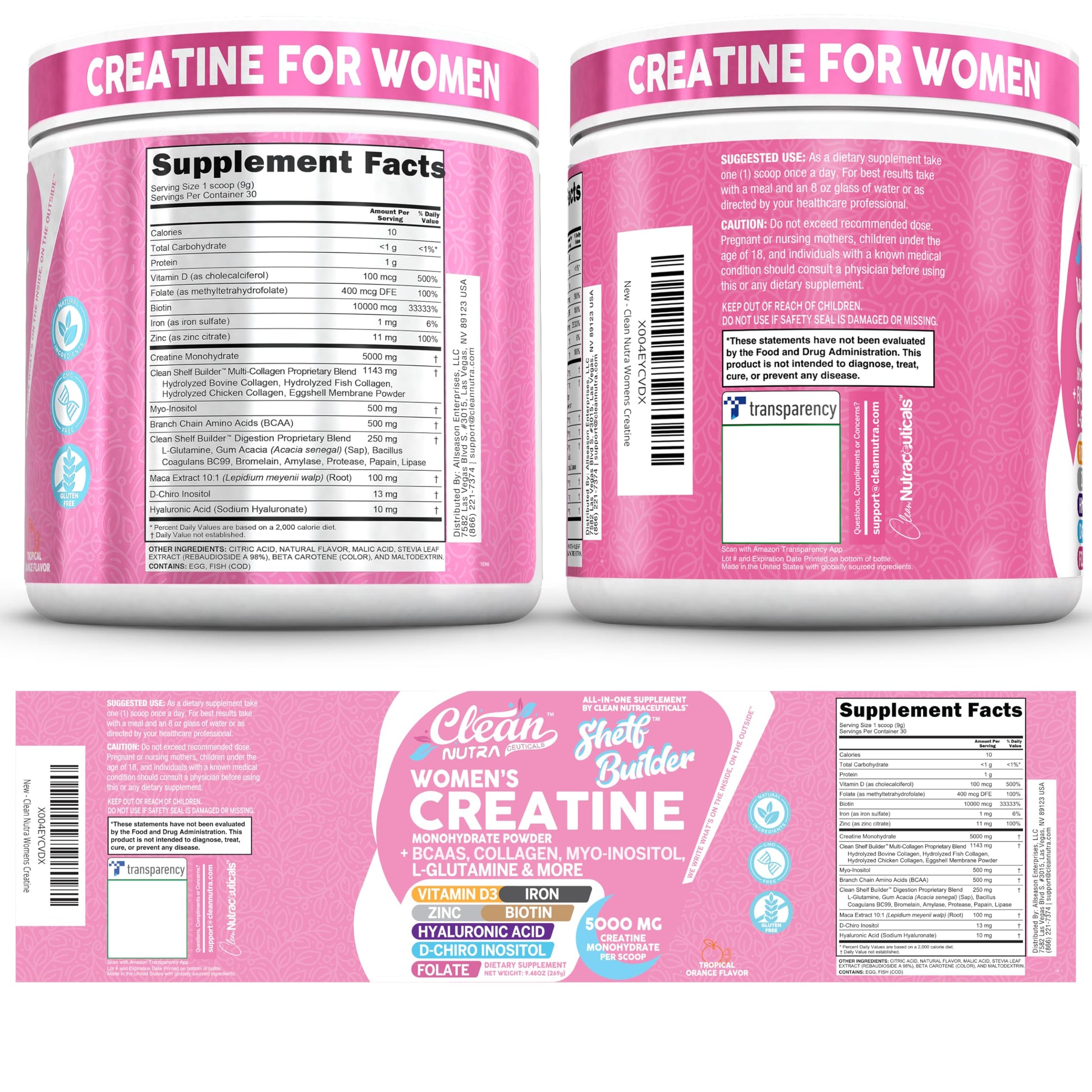 Creatine for Women | Creatine Monohydrate + BCAA Powder Myo-Inositol Collagen Biotin Hyaluronic Acid Folate L Glutamine Vitamin D3 Iron Zinc D-Chiro-Maca Digestion Shelf Builder by Clean Nutra Clean Nutraceuticals Au supplements