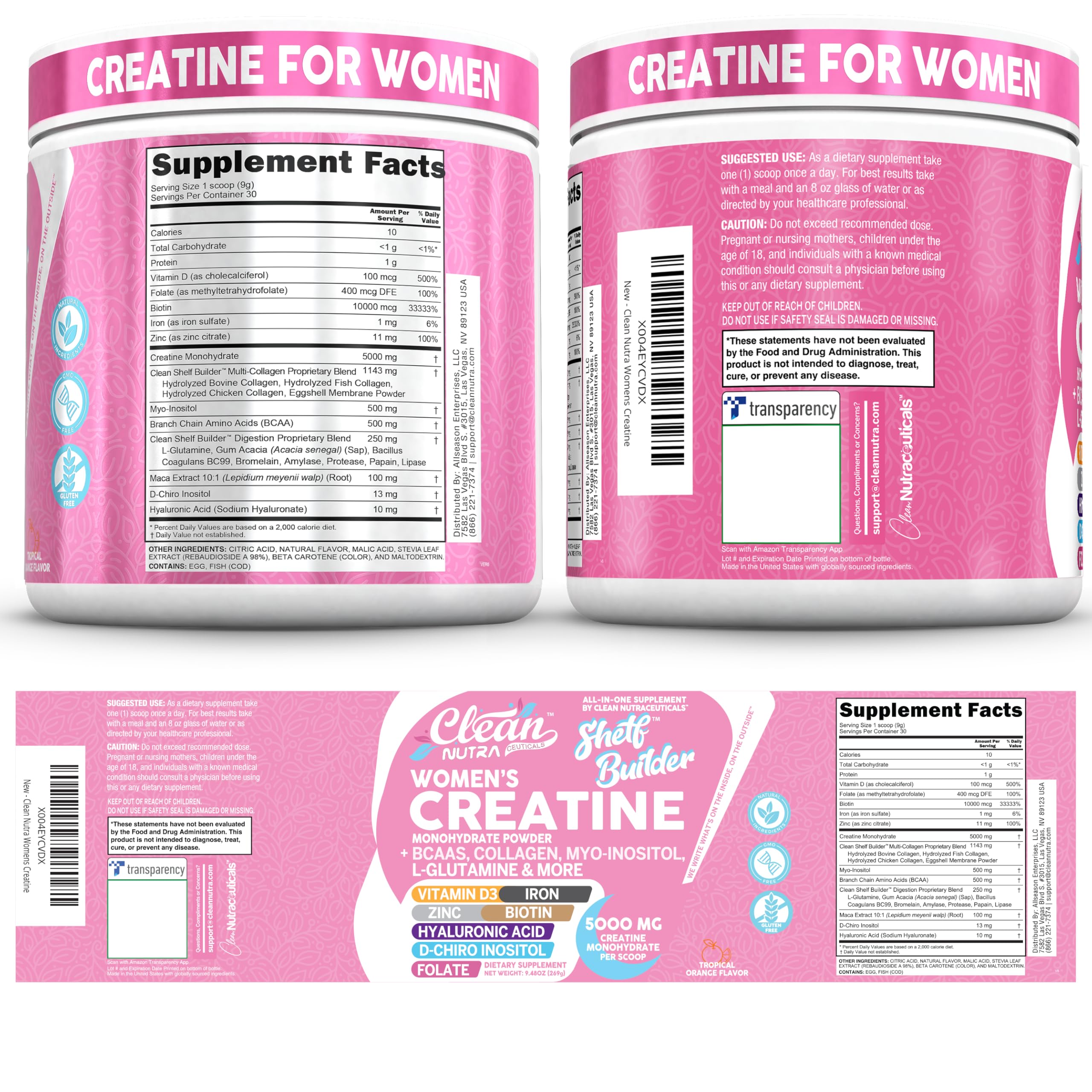 Creatine for Women | Creatine Monohydrate + BCAA Powder Myo-Inositol Collagen Biotin Hyaluronic Acid Folate L Glutamine Vitamin D3 Iron Zinc D-Chiro-Maca Digestion Shelf Builder by Clean Nutra Clean Nutraceuticals Au supplements