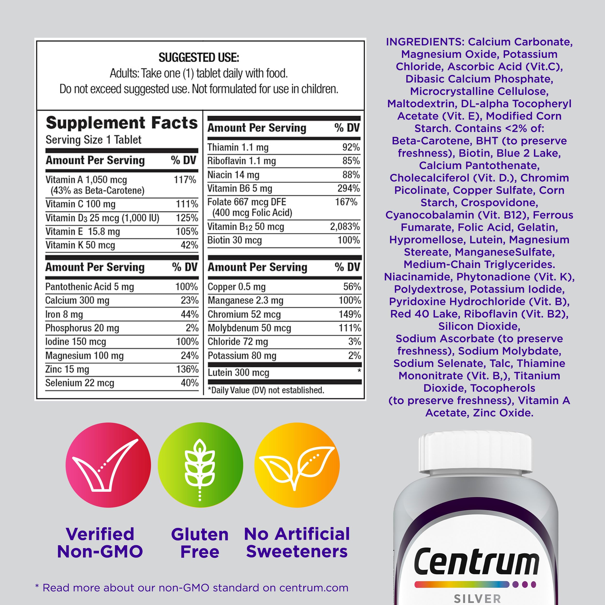 Centrum Silver Women's Multivitamin for Women 50 Plus, Multivitamin/Multimineral Supplement with Vitamin D3, B Vitamins, Non-GMO Ingredients Centrum Au supplements