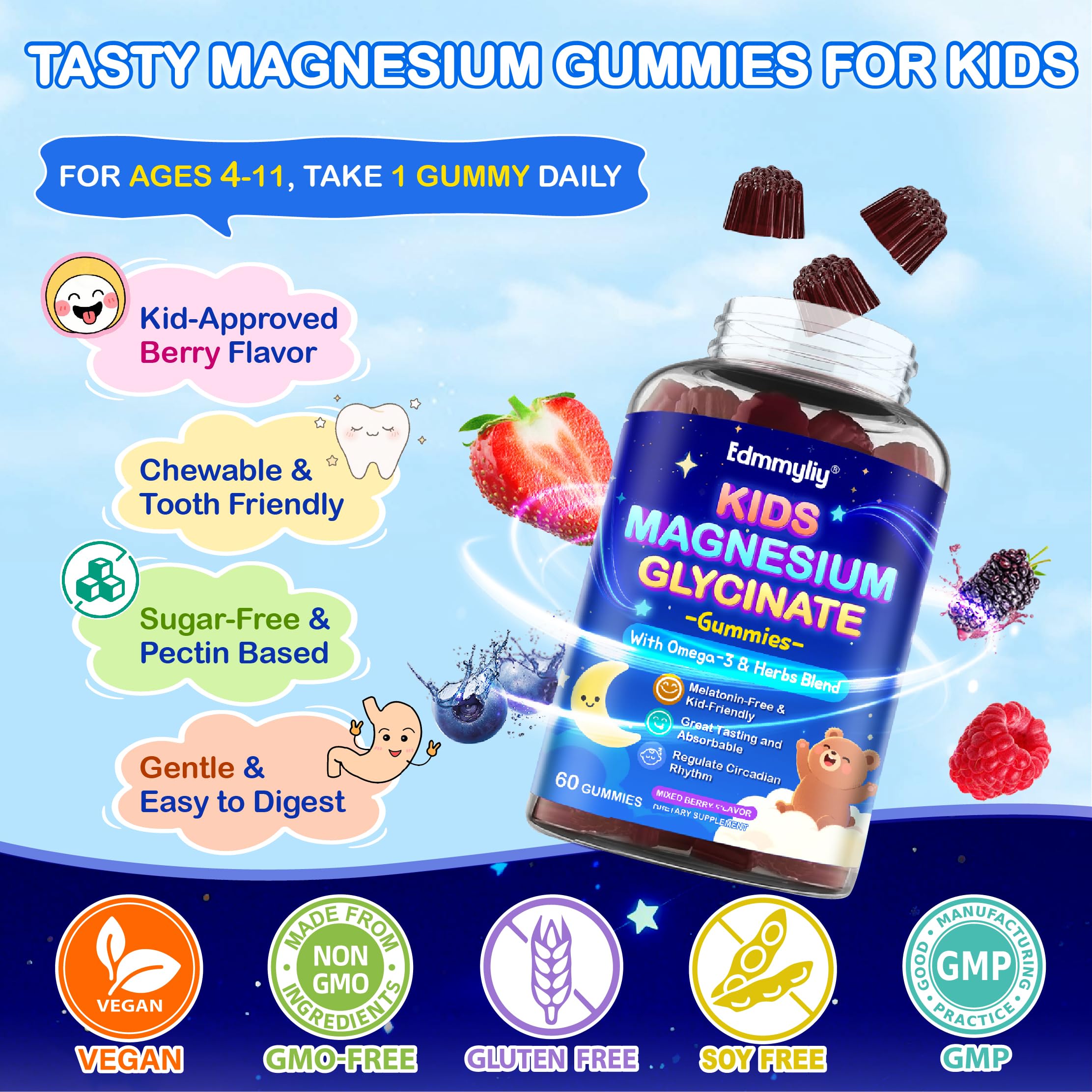 Kids Magnesium Glycinate Gummies - Magnesium Glycinate Supplement 200mg with L-theanine Omega-3 Calcium Vitamin D3 & B12 for Kids Natural Zzz at Bedtime & Overall Health - Sugar Free & Non-GMO Edmmyliy Au supplements