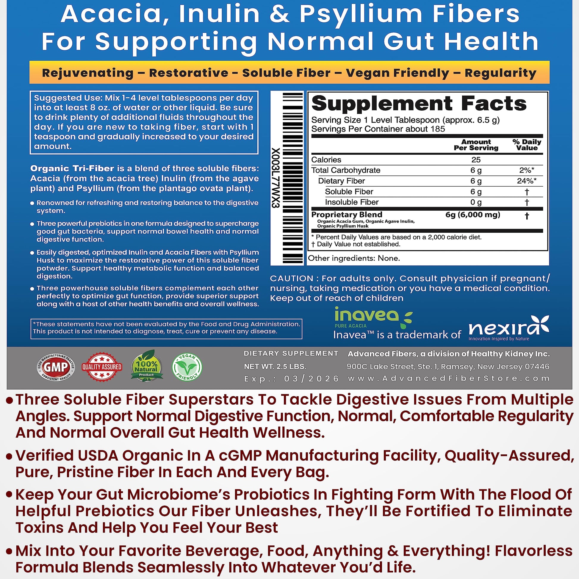 Kidney Restore Tri-Fiber Organic Soluble Fiber Powder, Unflavored High Fiber 3-in-1 Kidney Restore Au supplements