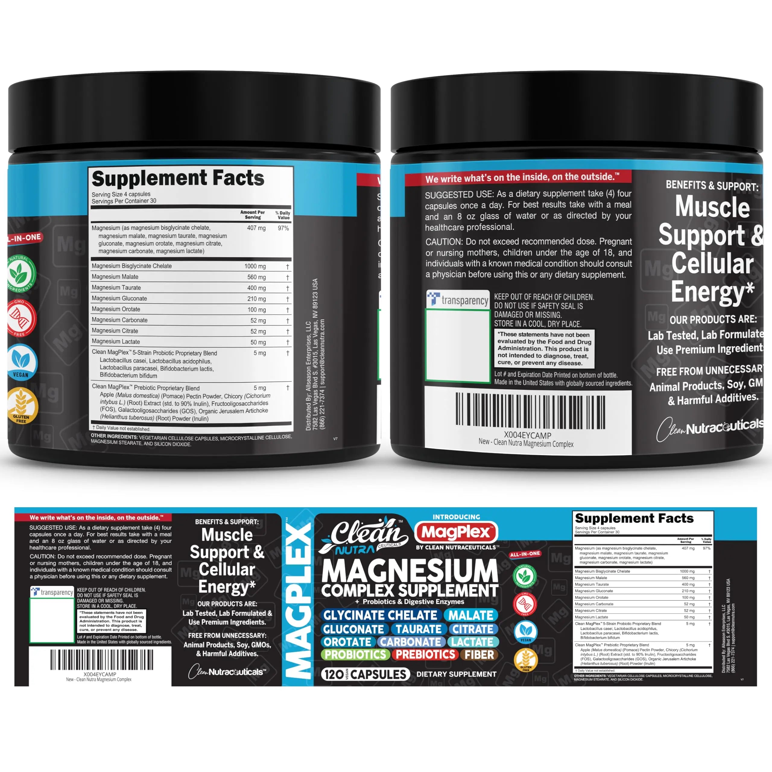 8in1 Magnesium Supplement Complex | Magnesium Glycinate Citrate Malate Gluconate Orotate Carbonate Lactate + Prebiotics Probiotics Digestive Enzymes Magnesio Capsules for Women Men By Clean Nutra Clean Nutraceuticals Au supplements