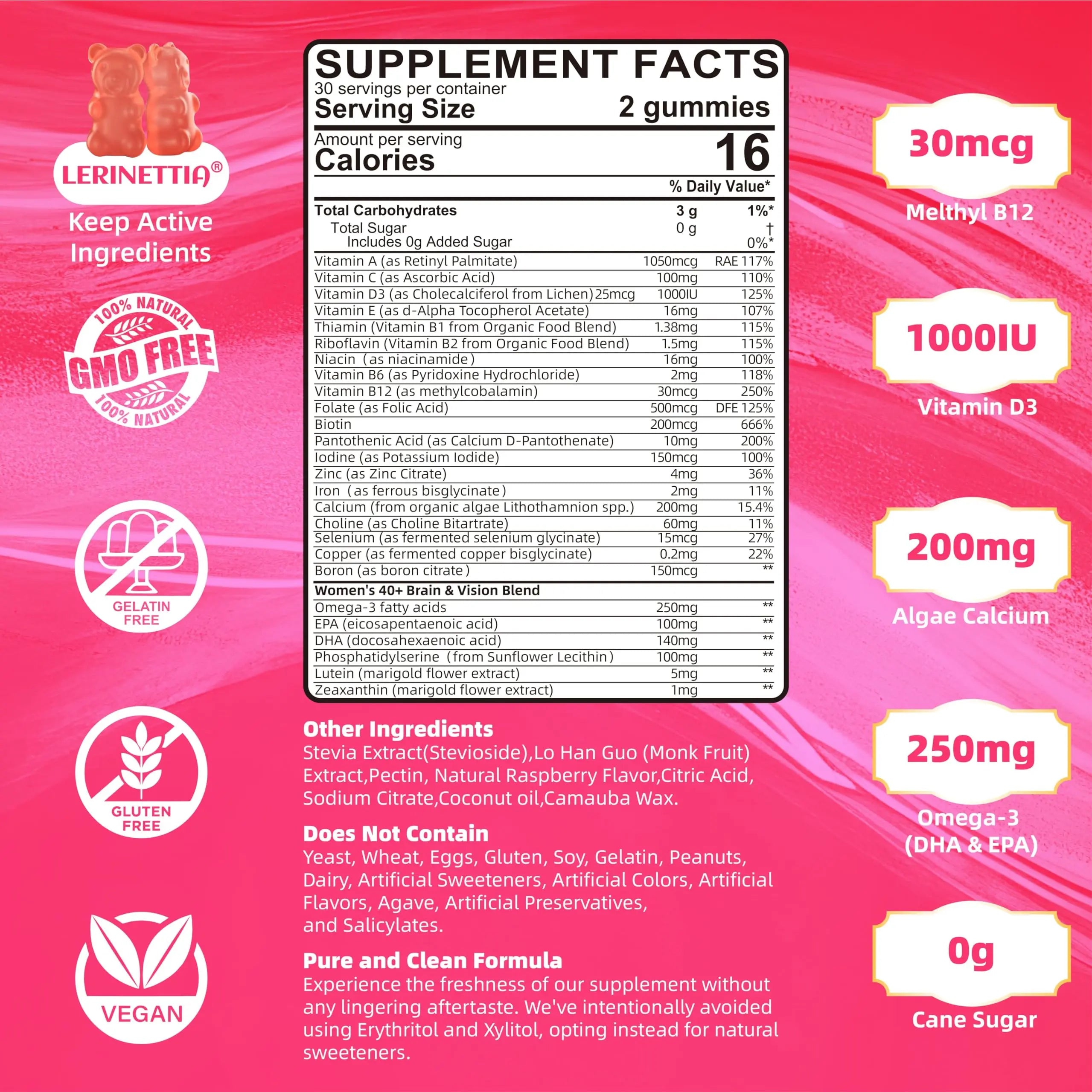 Multivitamin for Women Gummies for 40+ with Omega-3, Niacinamide, B-Complex, Lutein, Iron, Choline, Phosphatidylserine, Vitamin D3 Lerinettia Au supplements